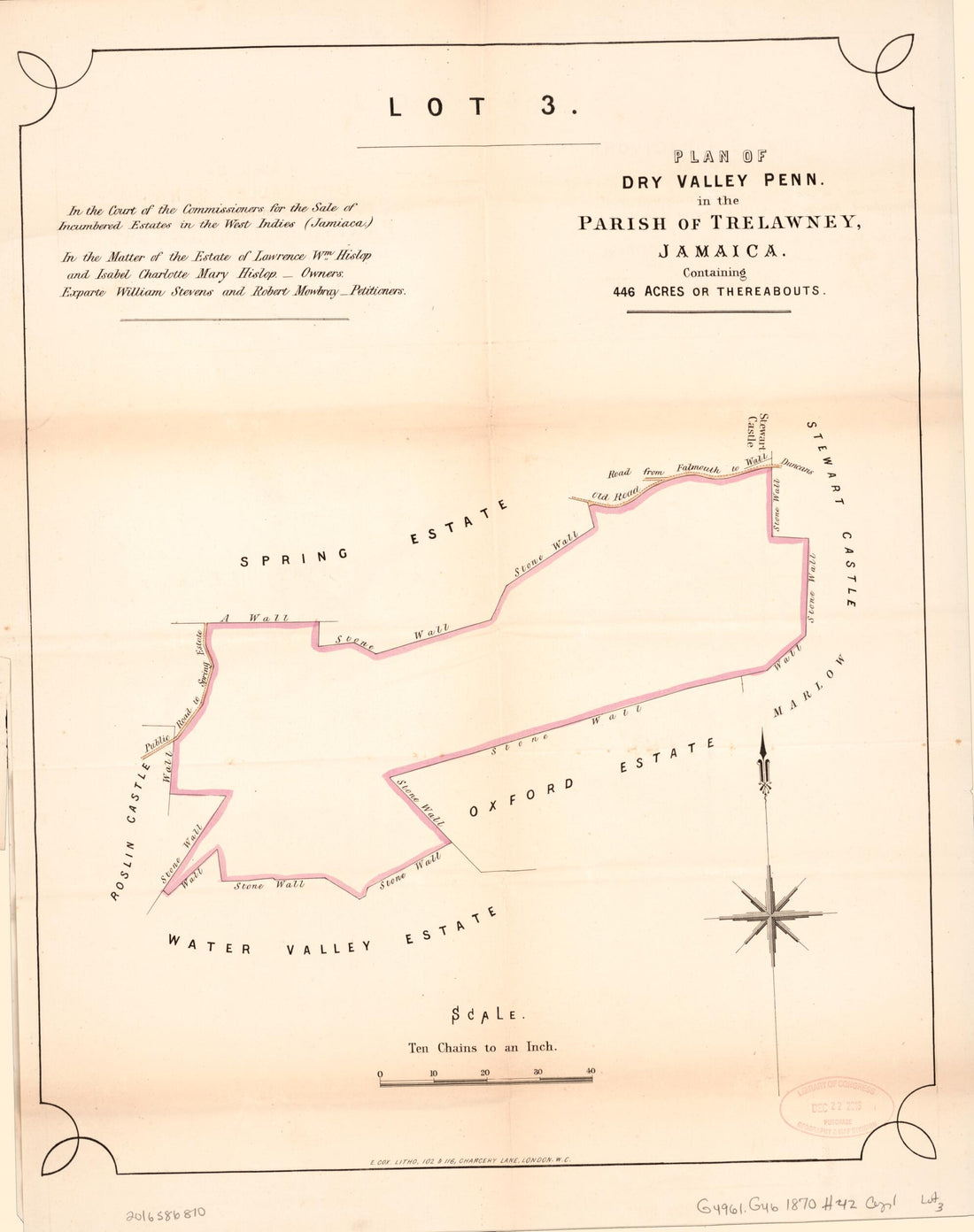 This old map of Lot 3. Plan of Dry Valley Penn. from Encumbered Estates In the West Indies (Jamaica) from 1870 was created by Vaughan & Leifchild (Firm) Hards in 1870