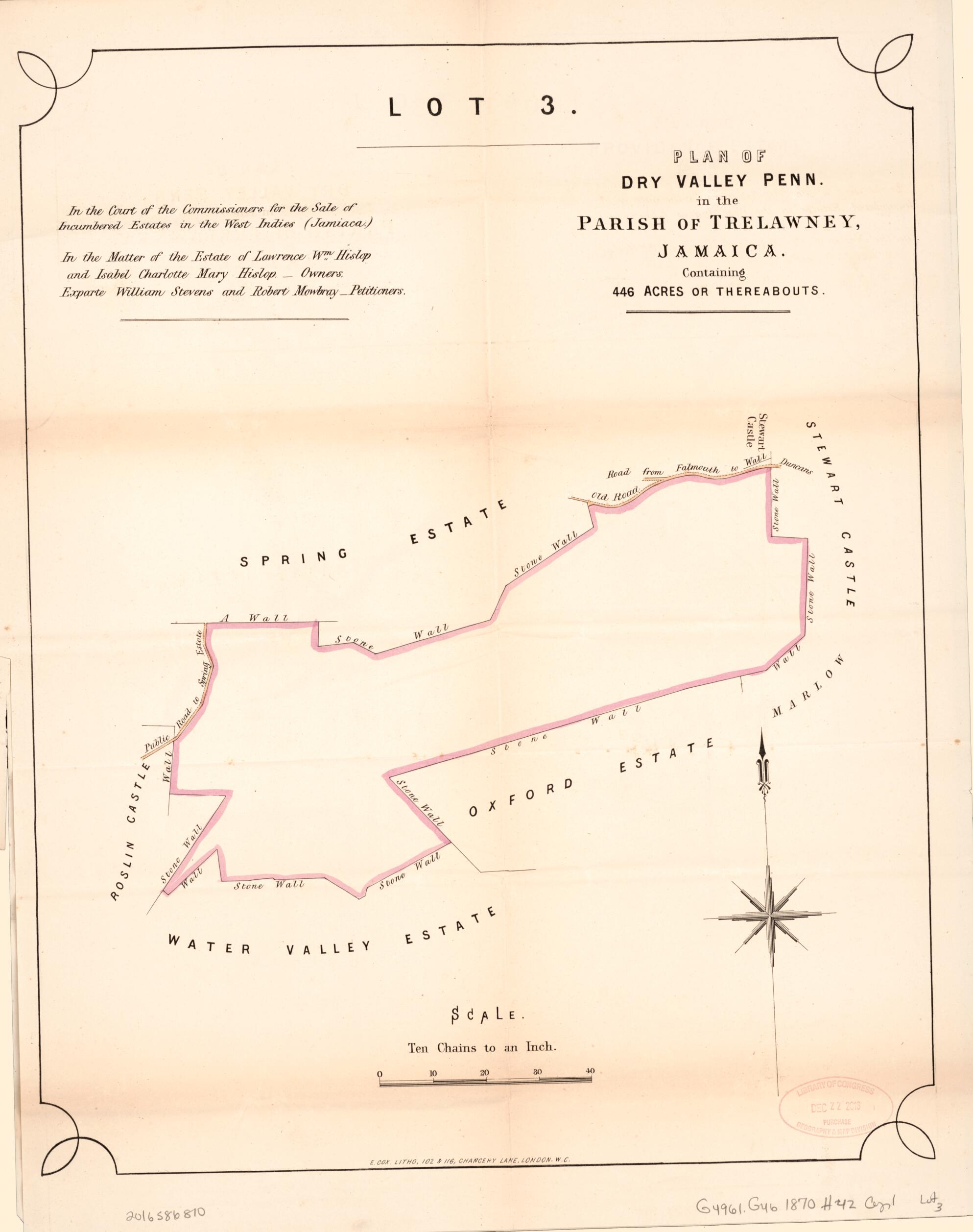 This old map of Lot 3. Plan of Dry Valley Penn. from Encumbered Estates In the West Indies (Jamaica) from 1870 was created by Vaughan & Leifchild (Firm) Hards in 1870