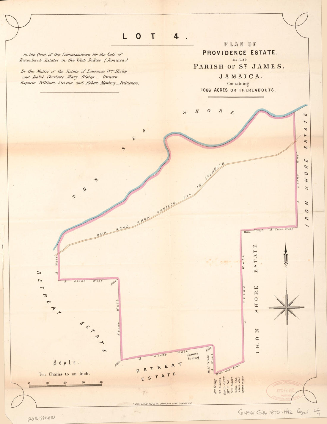 This old map of Lot 4. Plan of Providence Estate from Encumbered Estates In the West Indies (Jamaica) from 1870 was created by Vaughan & Leifchild (Firm) Hards in 1870