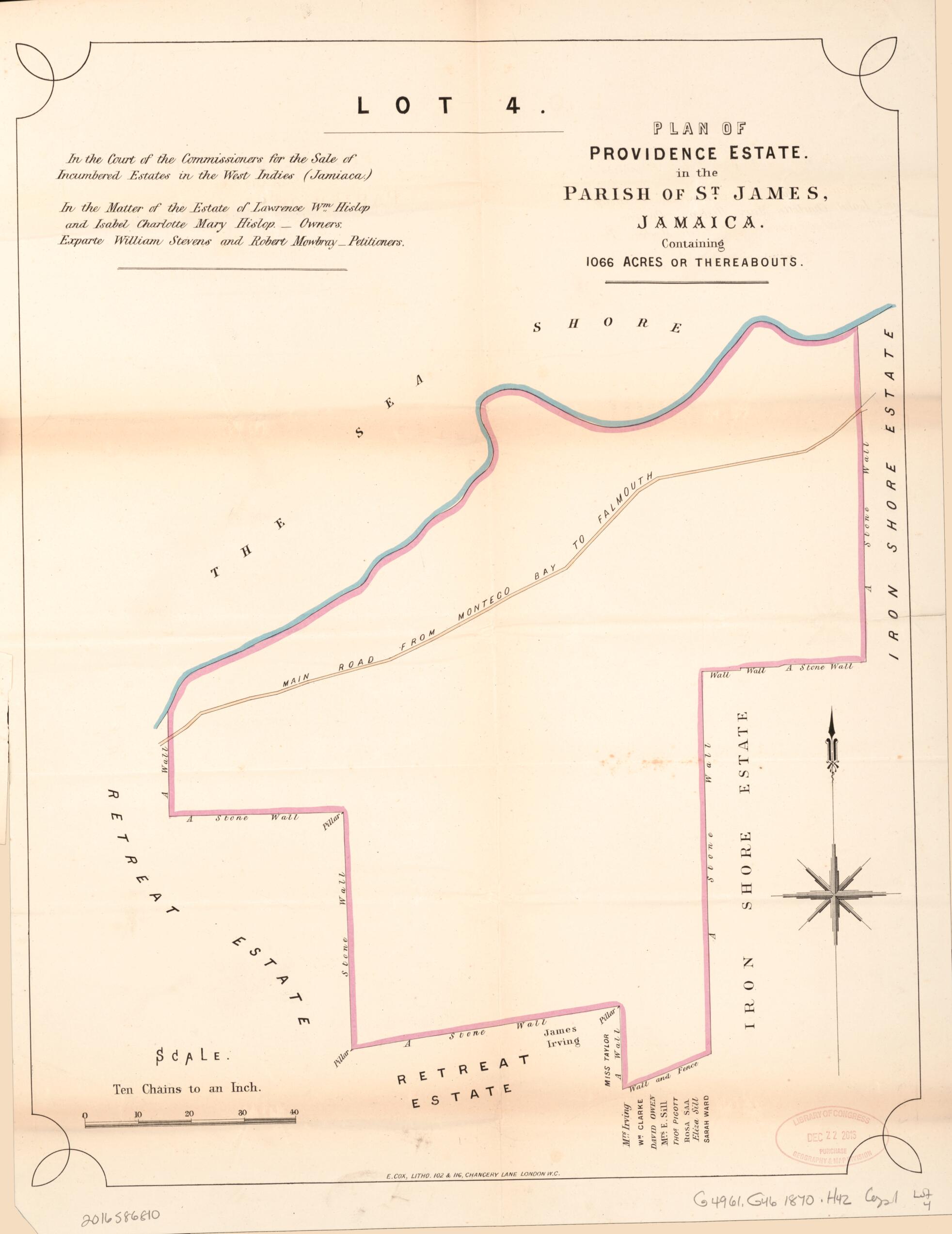 This old map of Lot 4. Plan of Providence Estate from Encumbered Estates In the West Indies (Jamaica) from 1870 was created by Vaughan & Leifchild (Firm) Hards in 1870