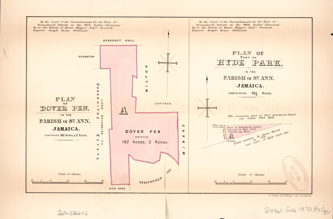 This old map of Plan of Dover Pen; Plan of Part of Hyde Park from Encumbered Estates In the West Indies (Jamaica) from 1870 was created by Vaughan & Leifchild (Firm) Hards in 1870