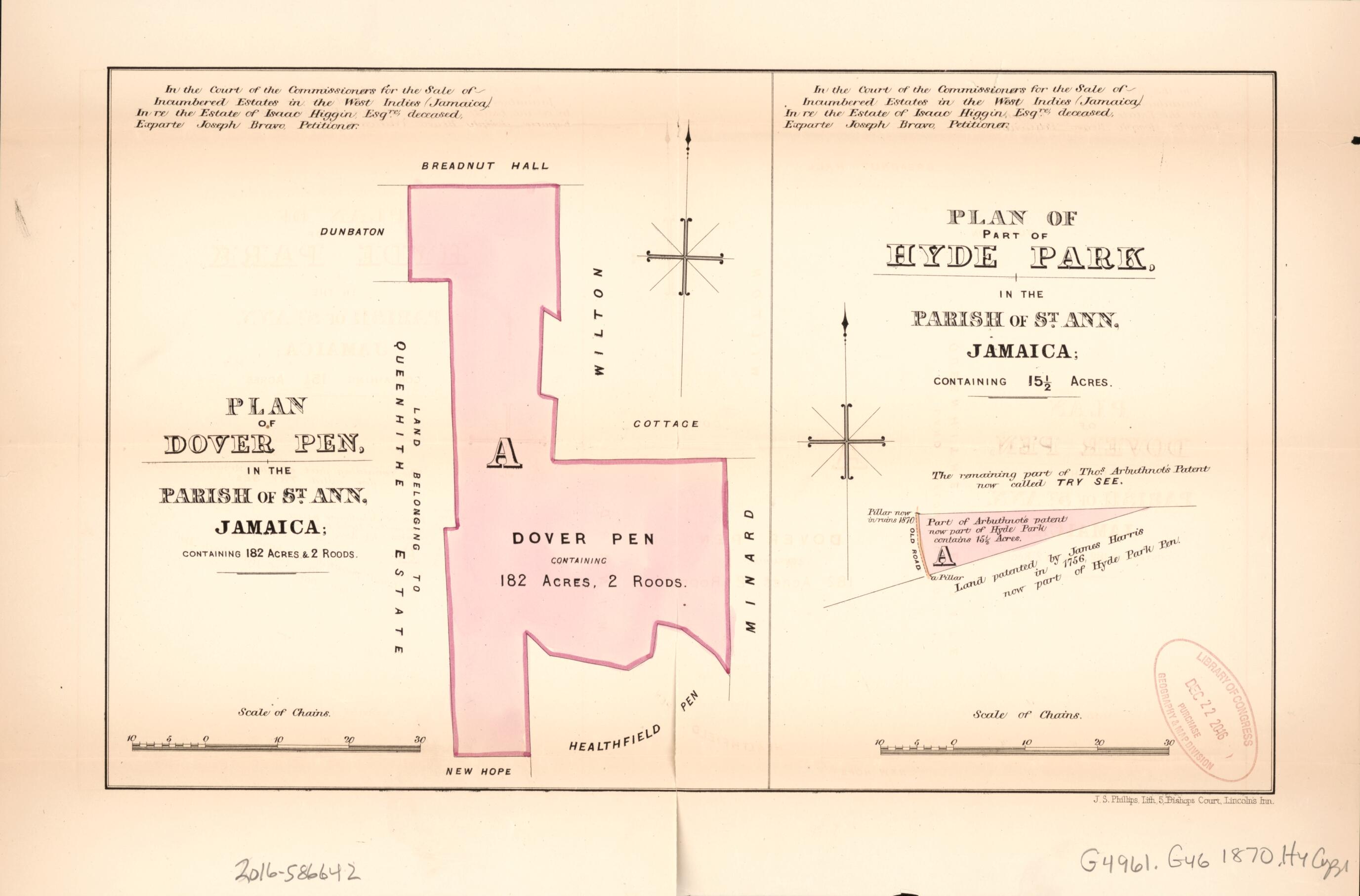 This old map of Plan of Dover Pen; Plan of Part of Hyde Park from Encumbered Estates In the West Indies (Jamaica) from 1870 was created by Vaughan & Leifchild (Firm) Hards in 1870