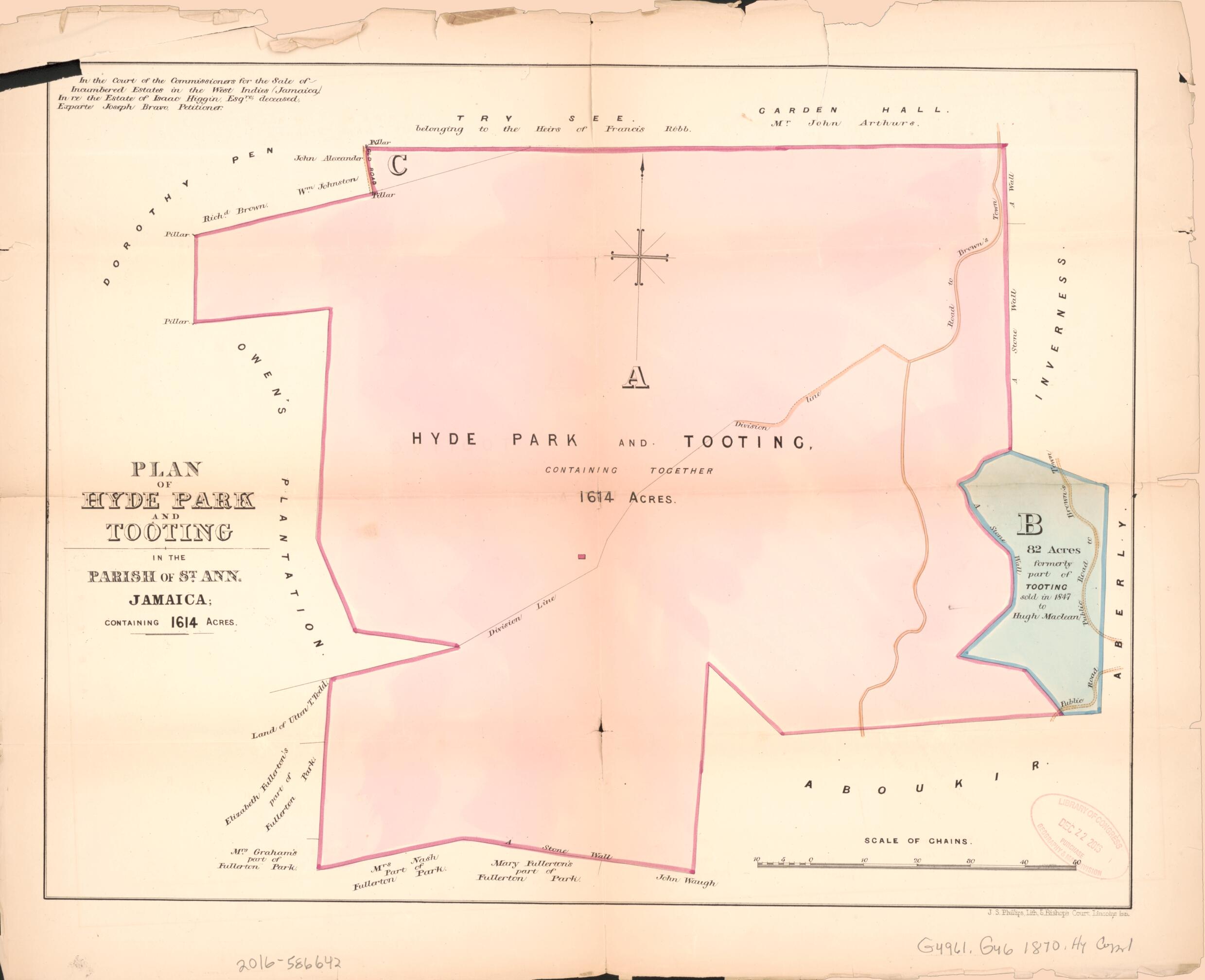 This old map of Plan of Hyde Park and Tooting from Encumbered Estates In the West Indies (Jamaica) from 1870 was created by Vaughan & Leifchild (Firm) Hards in 1870