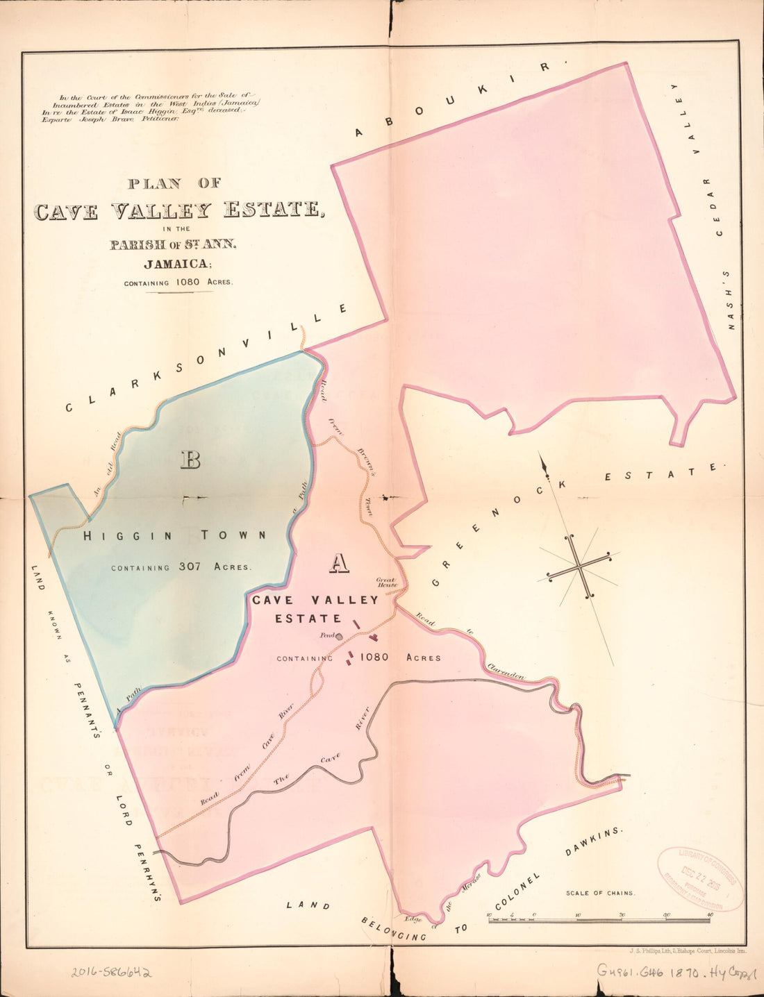 This old map of Plan of Cave Valley Estate from Encumbered Estates In the West Indies (Jamaica) from 1870 was created by Vaughan & Leifchild (Firm) Hards in 1870