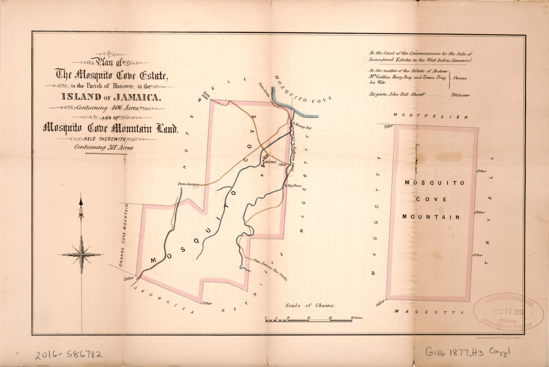 This old map of Plan of the Mosquito Cove Estate from Encumbered Estates In the West Indies (Jamaica) from 1877 was created by Vaughan & Jenkinson (Firm) Hards in 1877