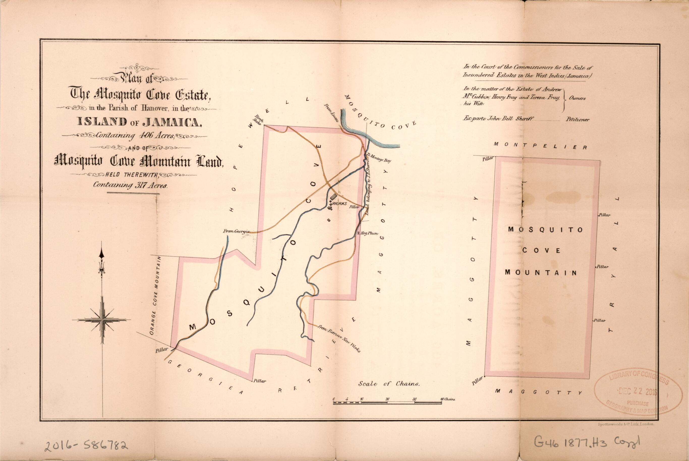 This old map of Plan of the Mosquito Cove Estate from Encumbered Estates In the West Indies (Jamaica) from 1877 was created by Vaughan & Jenkinson (Firm) Hards in 1877