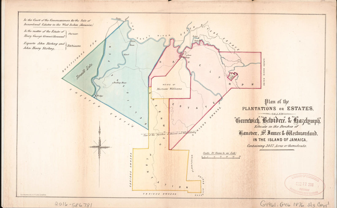 This old map of Plan of the Plantations Or Estates from Encumbered Estates In the West Indies (Jamaica) from 1876 was created by Vaughan & Jenkinson (Firm) Hards in 1876