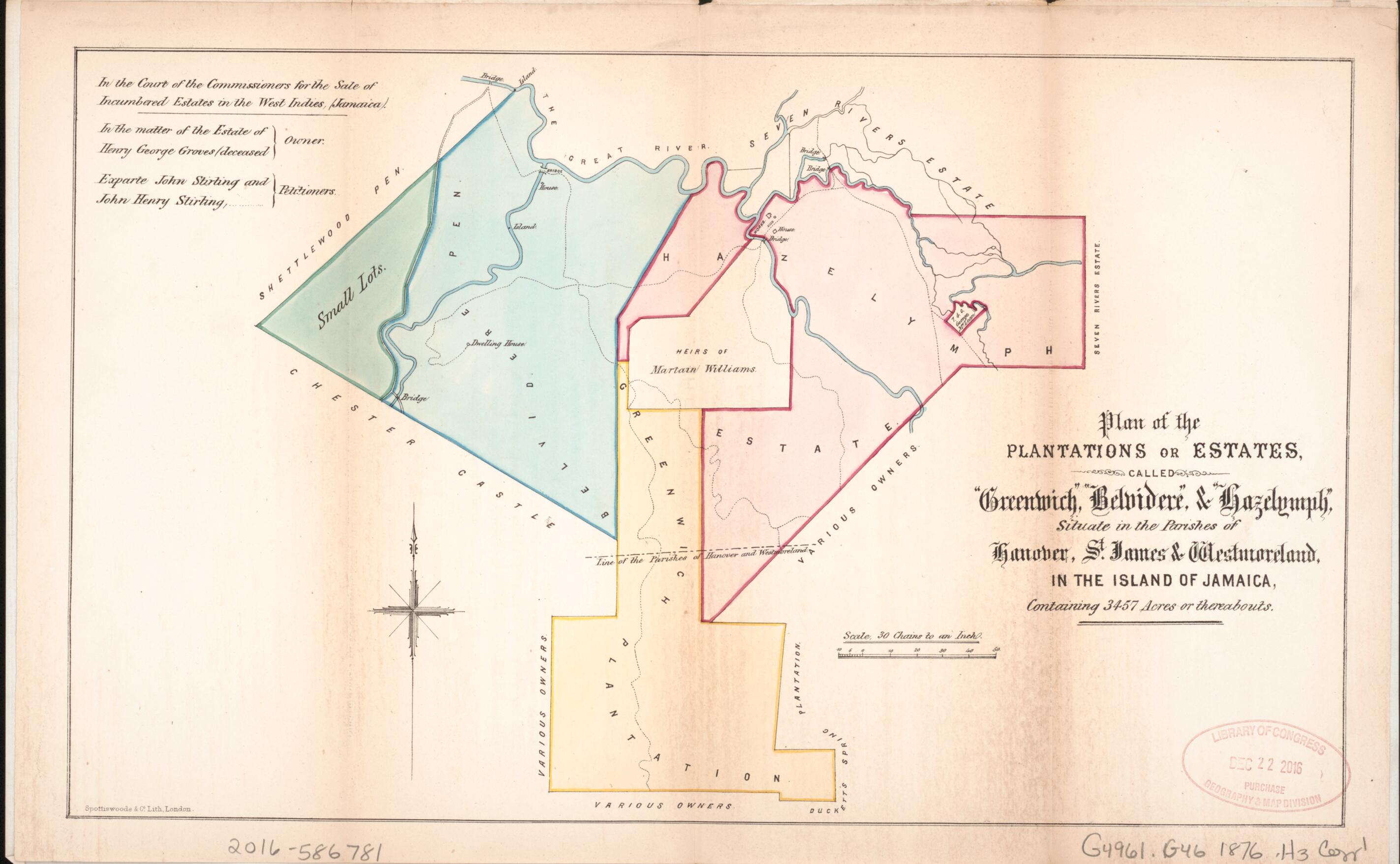 This old map of Plan of the Plantations Or Estates from Encumbered Estates In the West Indies (Jamaica) from 1876 was created by Vaughan & Jenkinson (Firm) Hards in 1876