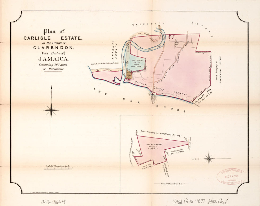 This old map of Plan of Carlisle Estate from Encumbered Estates In the West Indies (Jamaica) from 1879 was created by Vaughan & Jenkinson (Firm) Hards in 1879