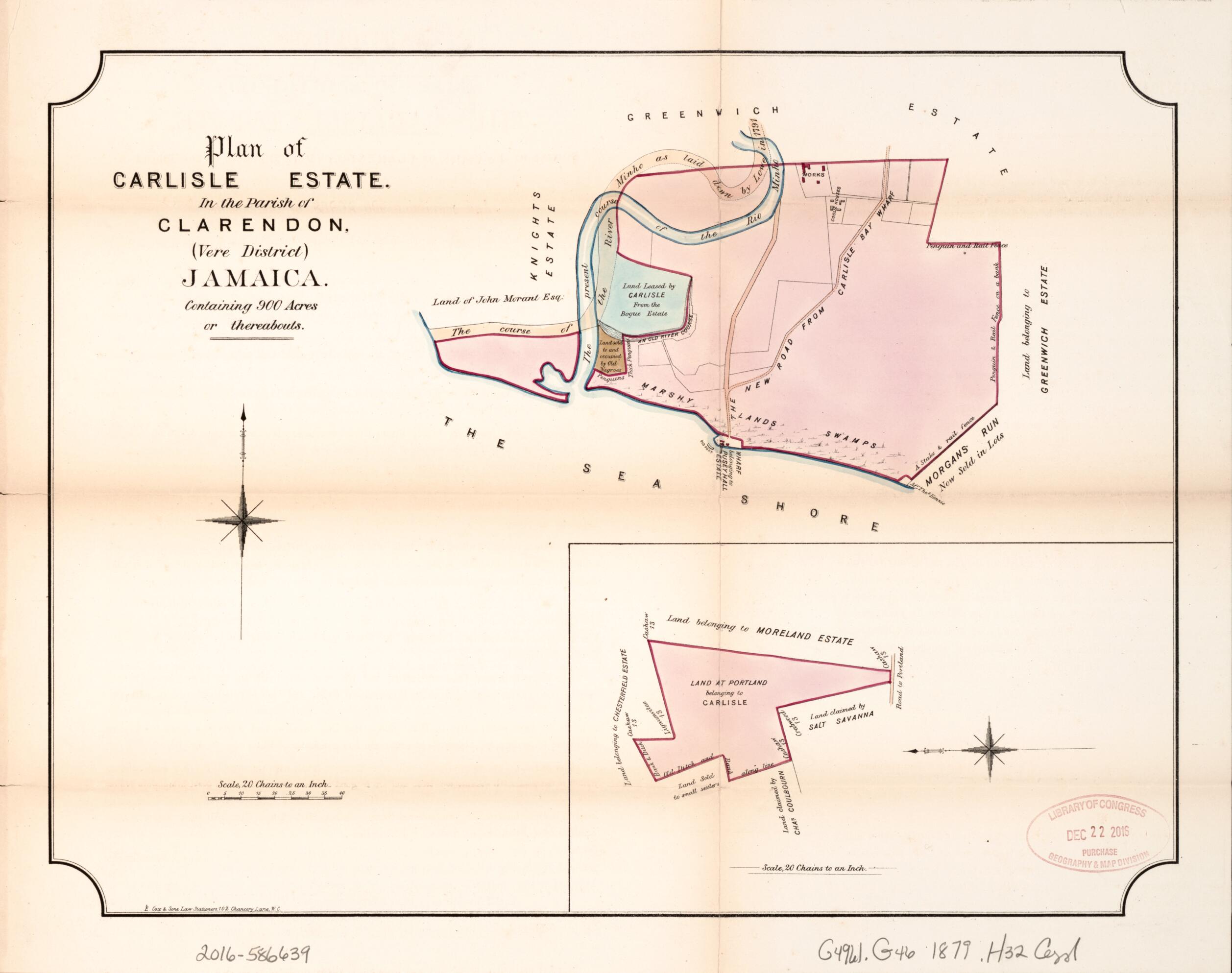 This old map of Plan of Carlisle Estate from Encumbered Estates In the West Indies (Jamaica) from 1879 was created by Vaughan & Jenkinson (Firm) Hards in 1879
