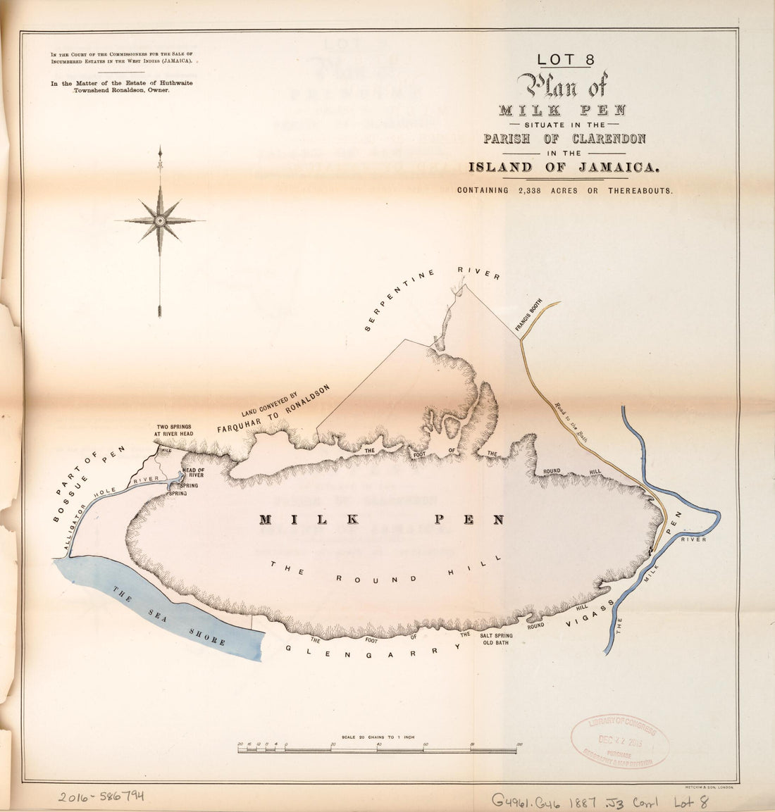 This old map of Lot 8 Plan of Milk Pen from Encumbered Estates In the West Indies (Jamaica) from 1887 was created by in 1887