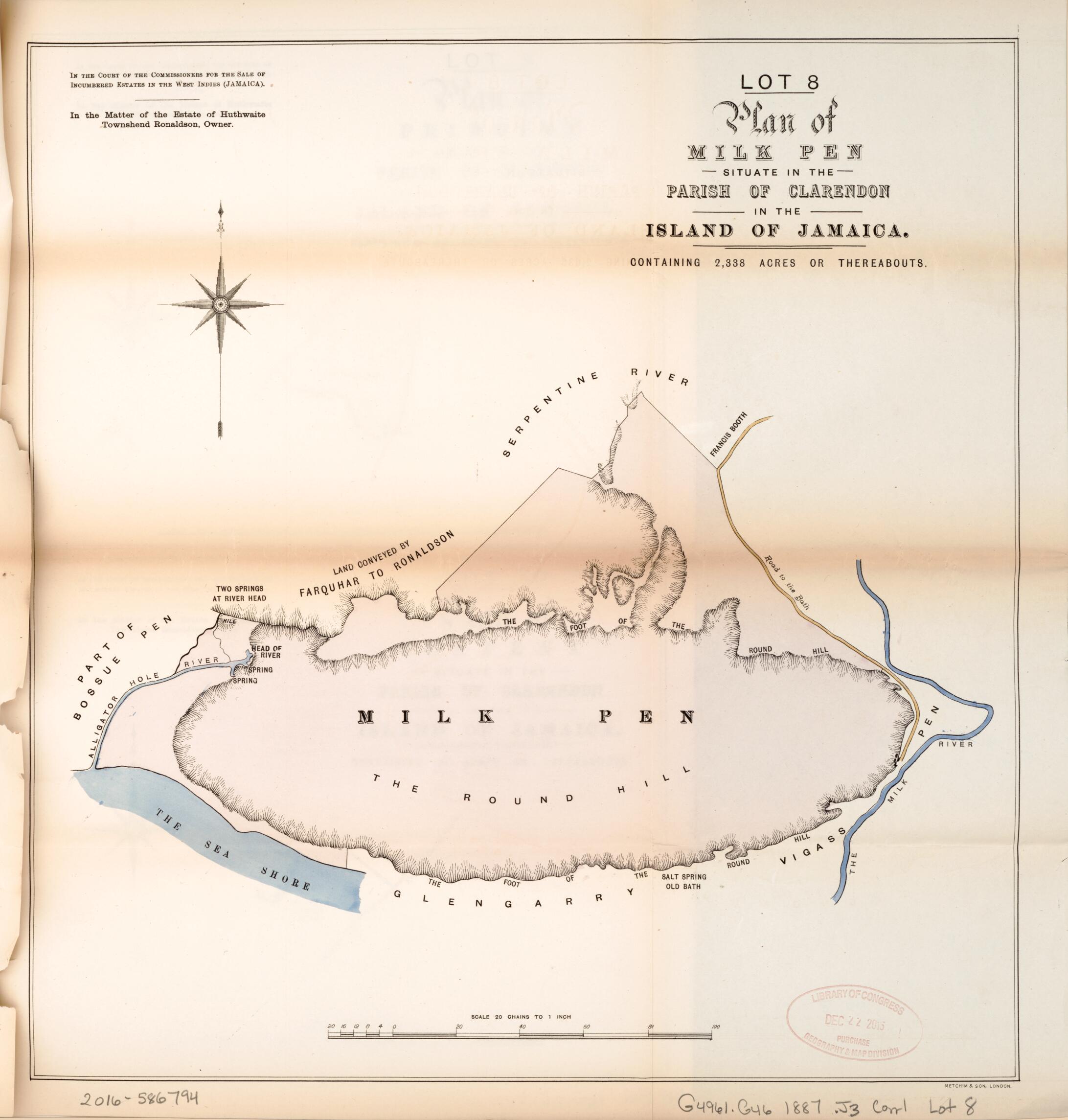 This old map of Lot 8 Plan of Milk Pen from Encumbered Estates In the West Indies (Jamaica) from 1887 was created by in 1887