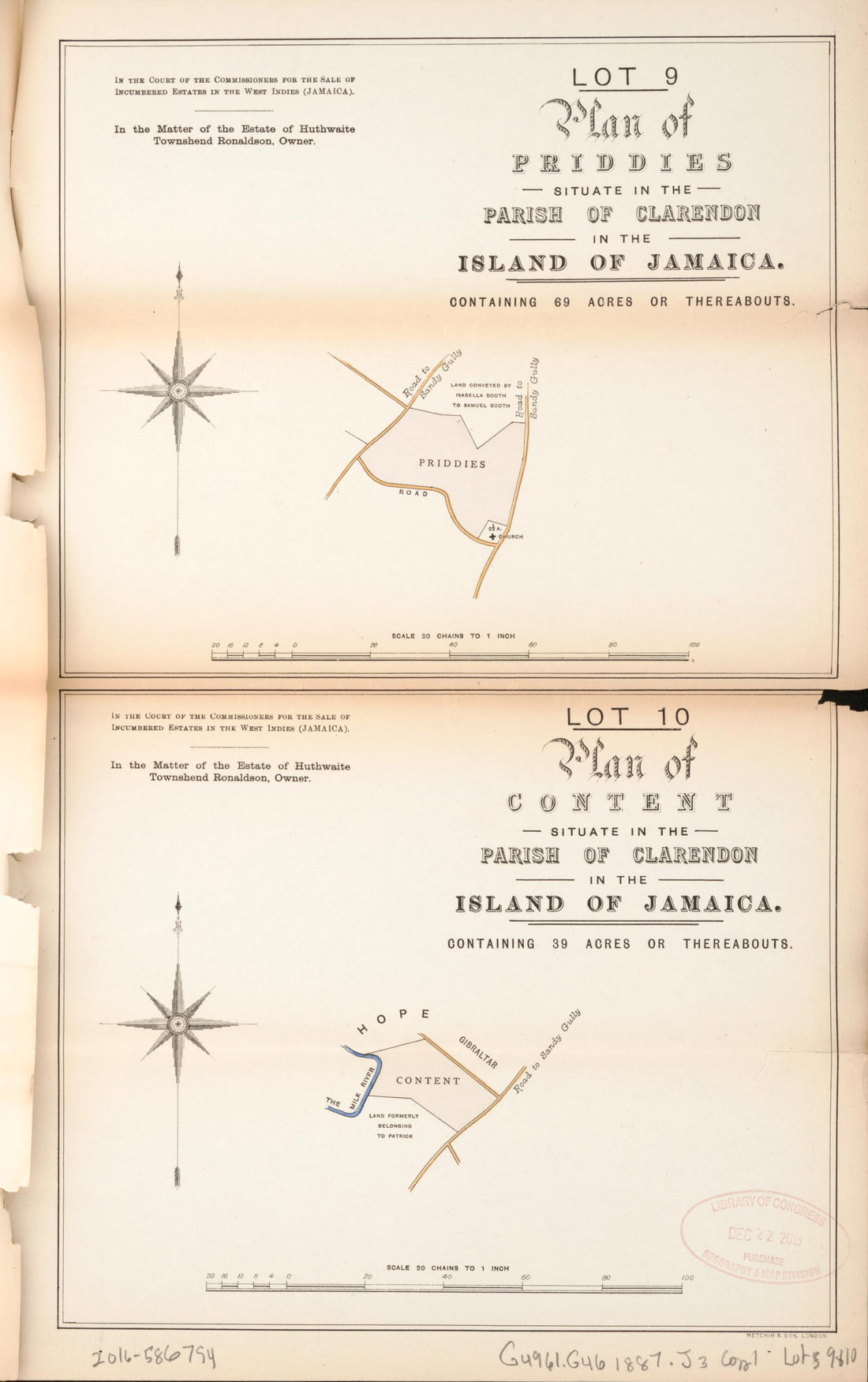 This old map of Lot 9 Plan of Priddies; Lot 10 Plan of Content from Encumbered Estates In the West Indies (Jamaica) from 1887 was created by in 1887