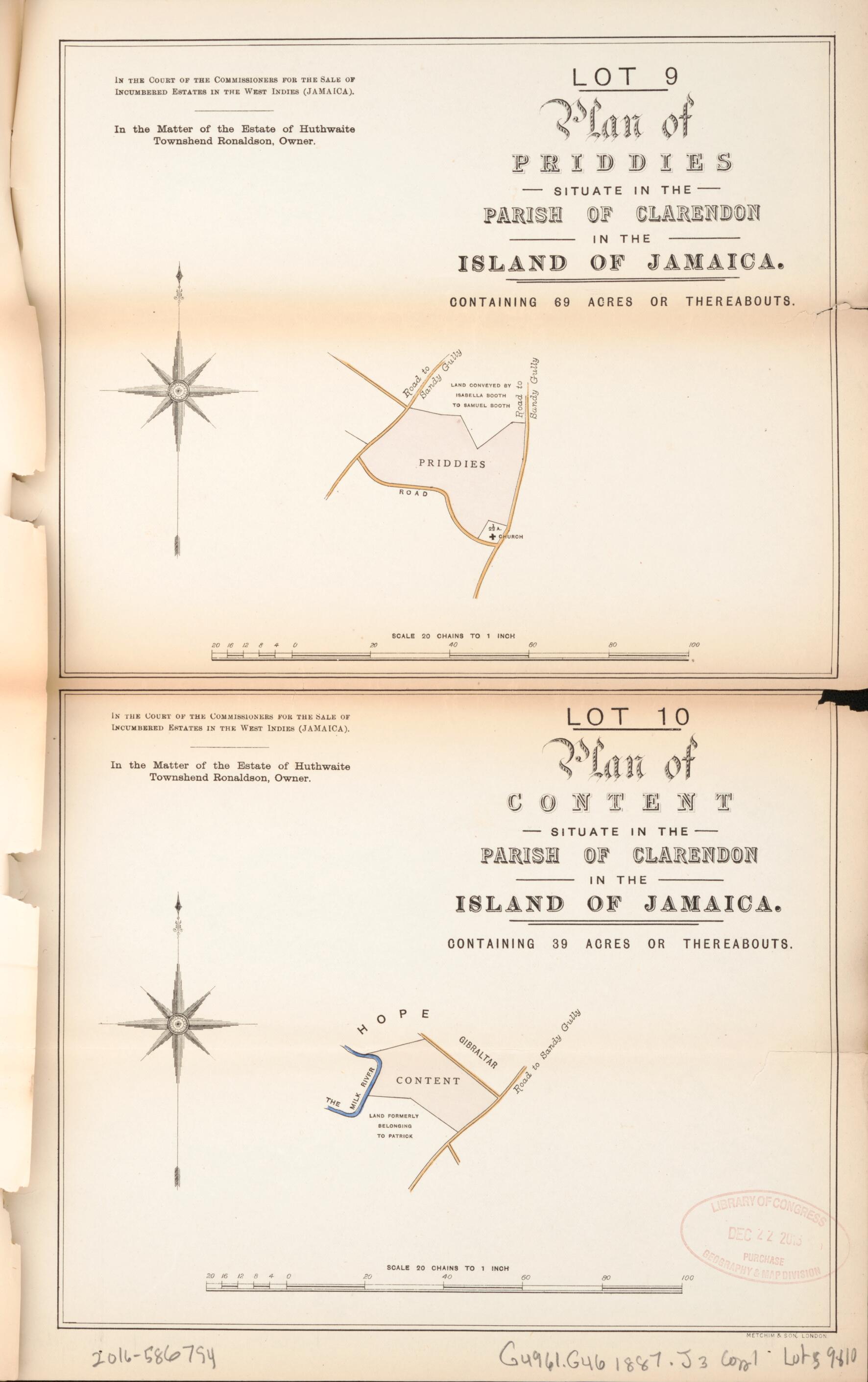 This old map of Lot 9 Plan of Priddies; Lot 10 Plan of Content from Encumbered Estates In the West Indies (Jamaica) from 1887 was created by in 1887