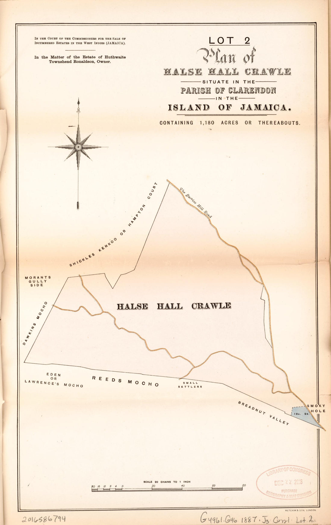 This old map of Lot 2 Plan of Halse Hall Crawle from Encumbered Estates In the West Indies (Jamaica) from 1887 was created by in 1887