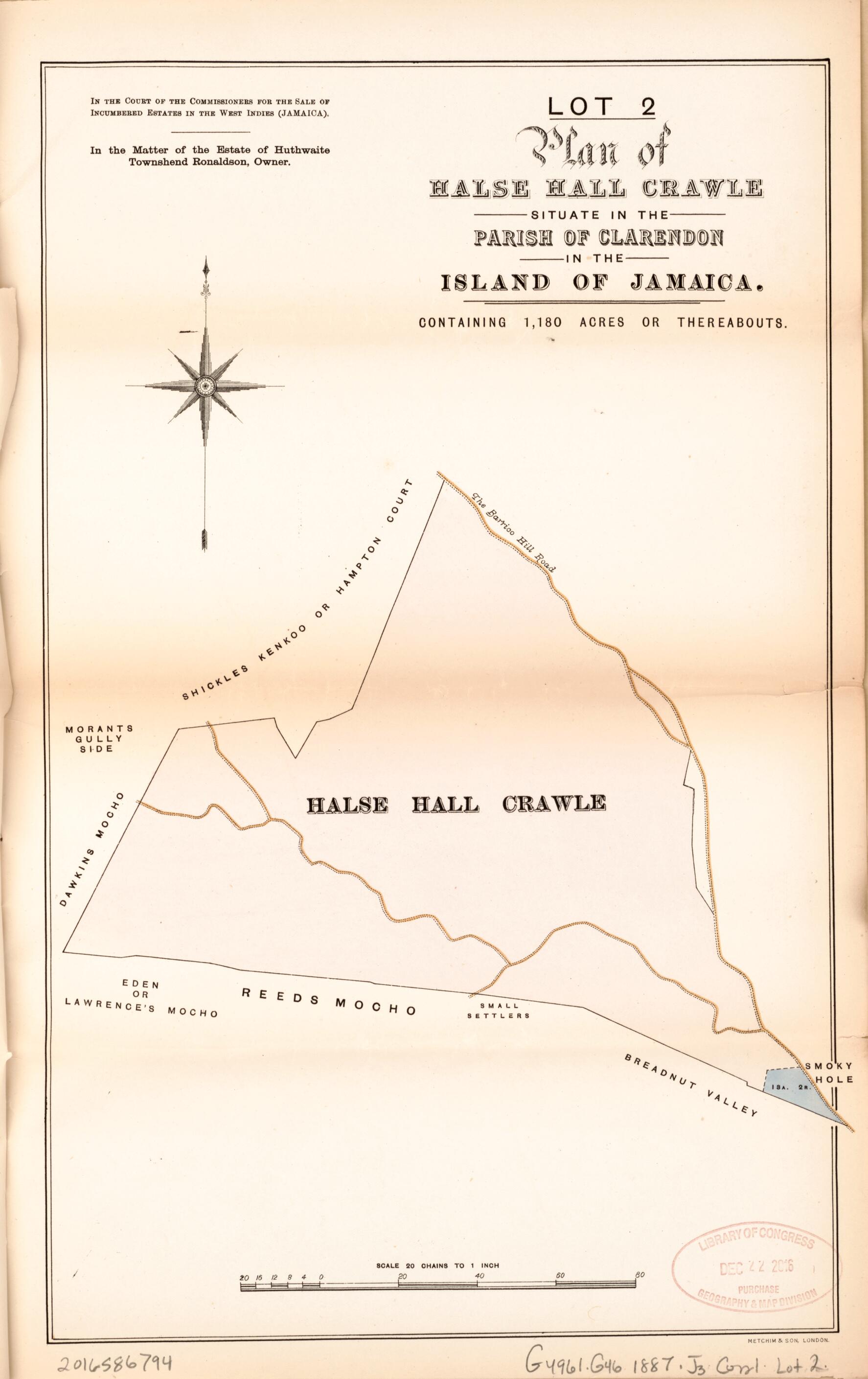 This old map of Lot 2 Plan of Halse Hall Crawle from Encumbered Estates In the West Indies (Jamaica) from 1887 was created by in 1887