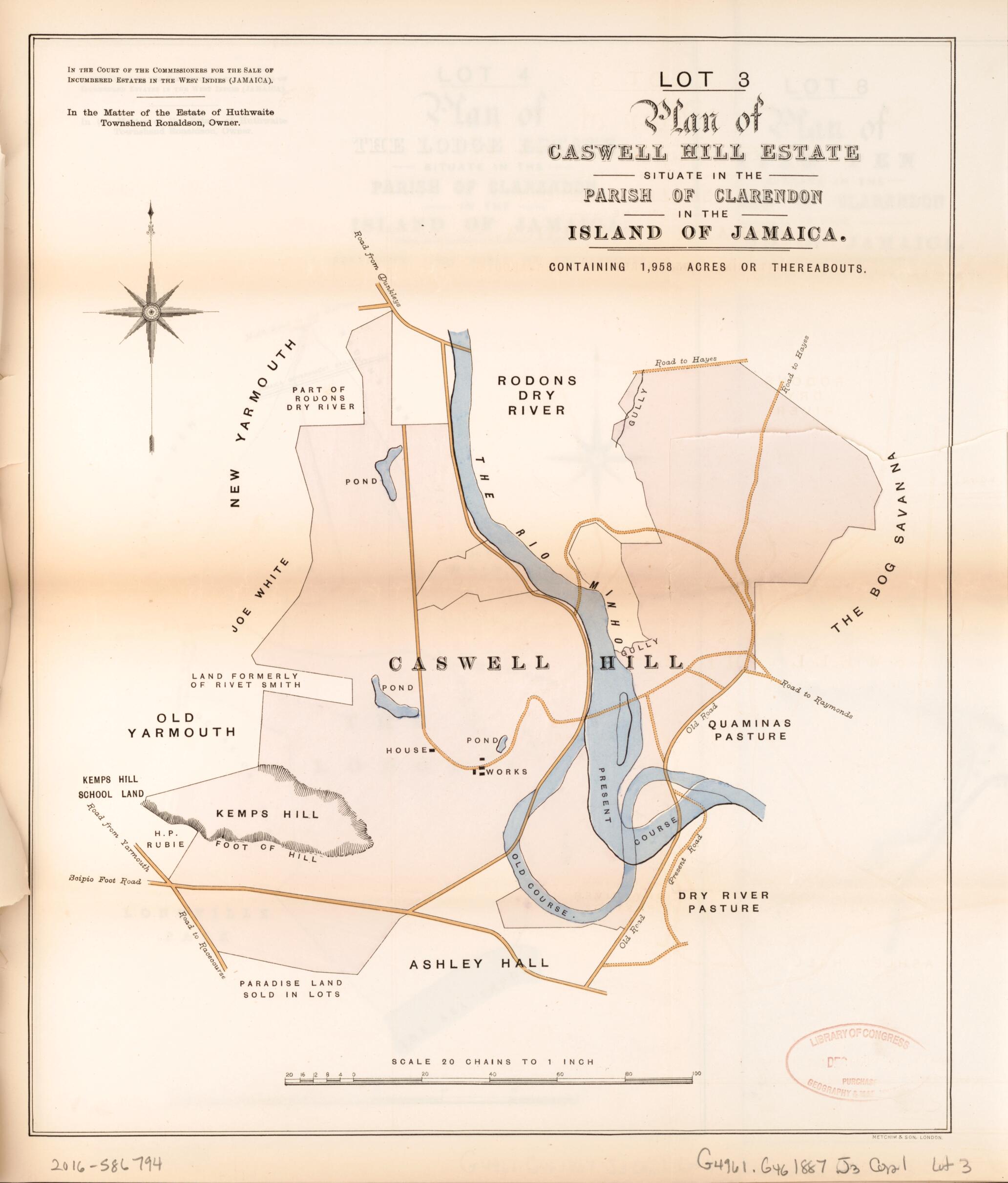 This old map of Lot 3 Plan of Caswell Hill Estate from Encumbered Estates In the West Indies (Jamaica) from 1887 was created by in 1887