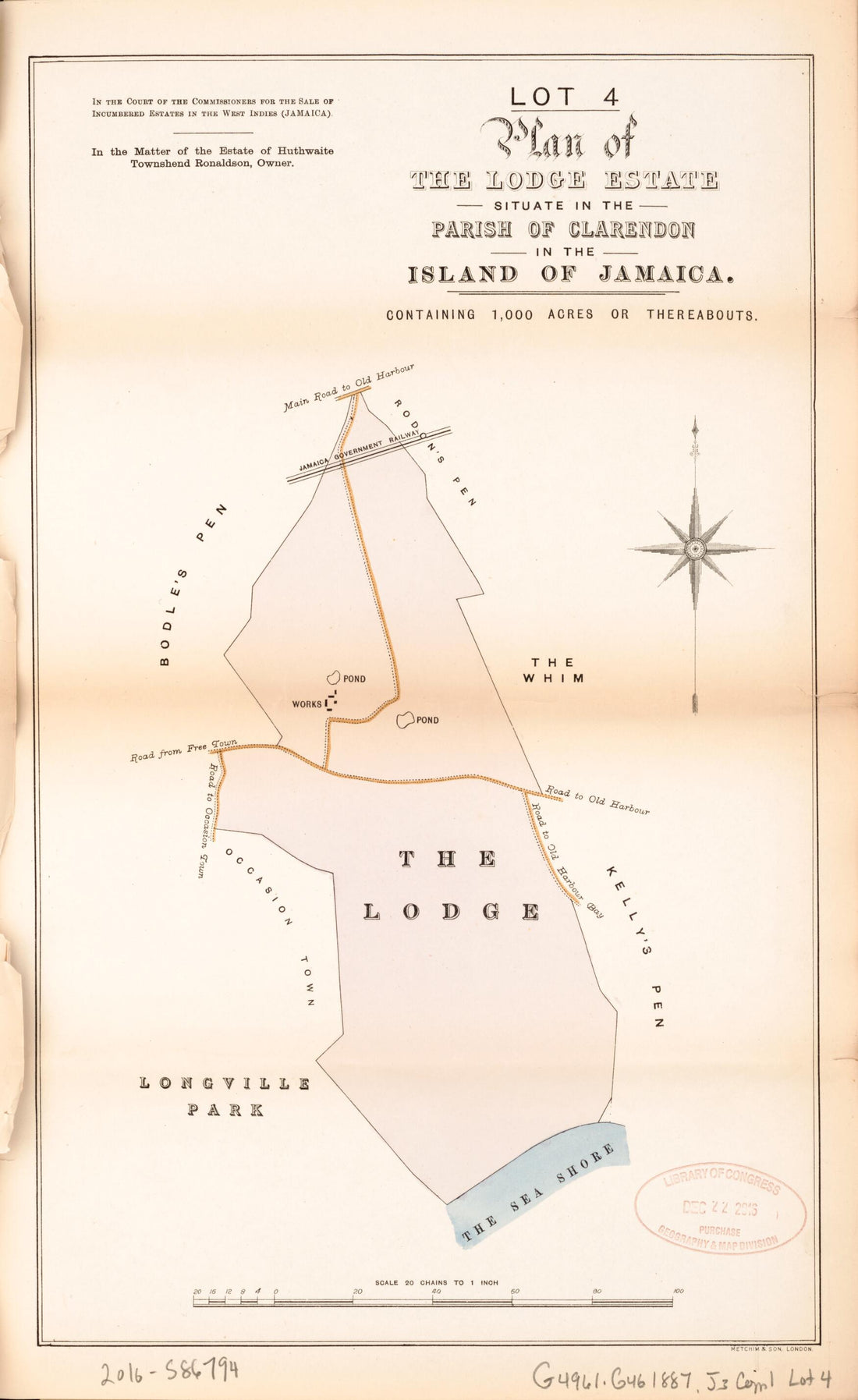 This old map of Lot 4 Plan of the Lodge Estate from Encumbered Estates In the West Indies (Jamaica) from 1887 was created by in 1887