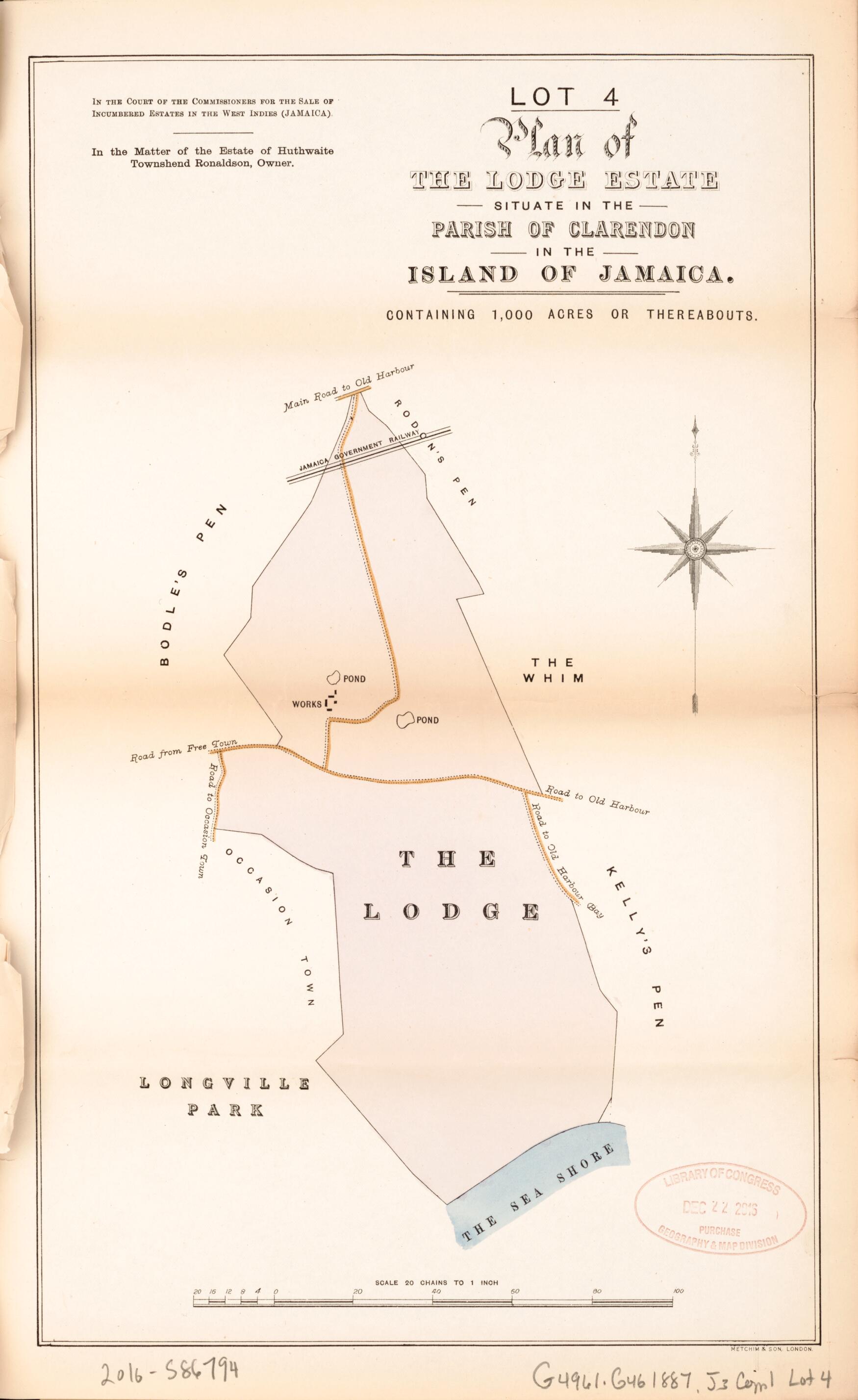 This old map of Lot 4 Plan of the Lodge Estate from Encumbered Estates In the West Indies (Jamaica) from 1887 was created by in 1887