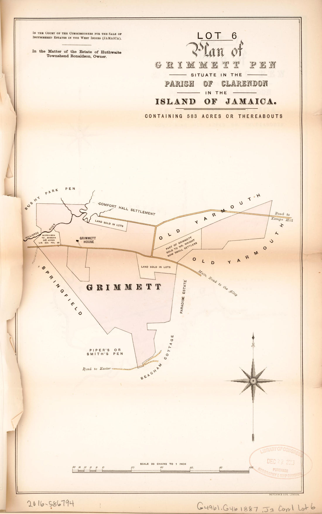 This old map of Lot 6 Plan of Grimmett Pen from Encumbered Estates In the West Indies (Jamaica) from 1887 was created by in 1887