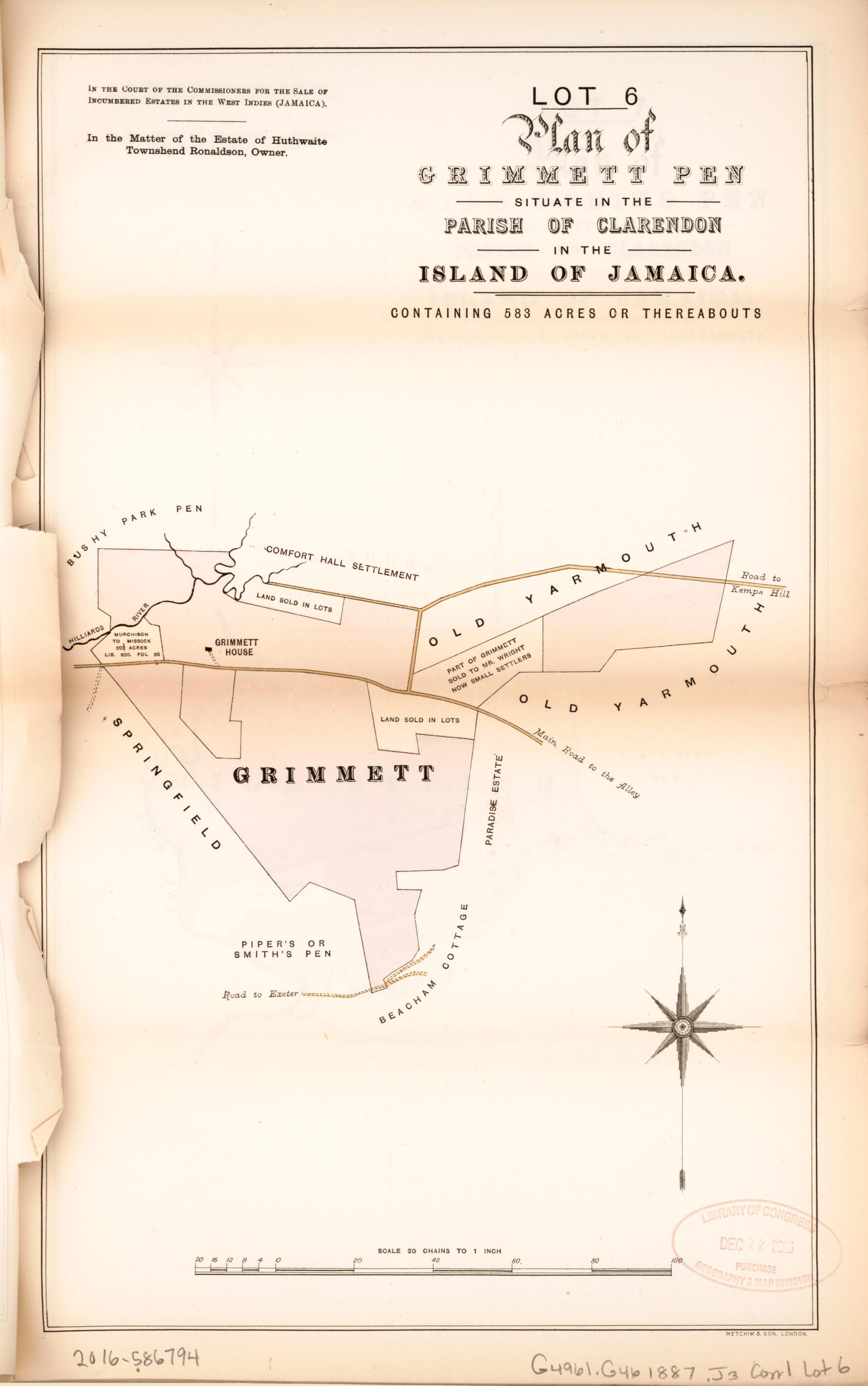 This old map of Lot 6 Plan of Grimmett Pen from Encumbered Estates In the West Indies (Jamaica) from 1887 was created by in 1887
