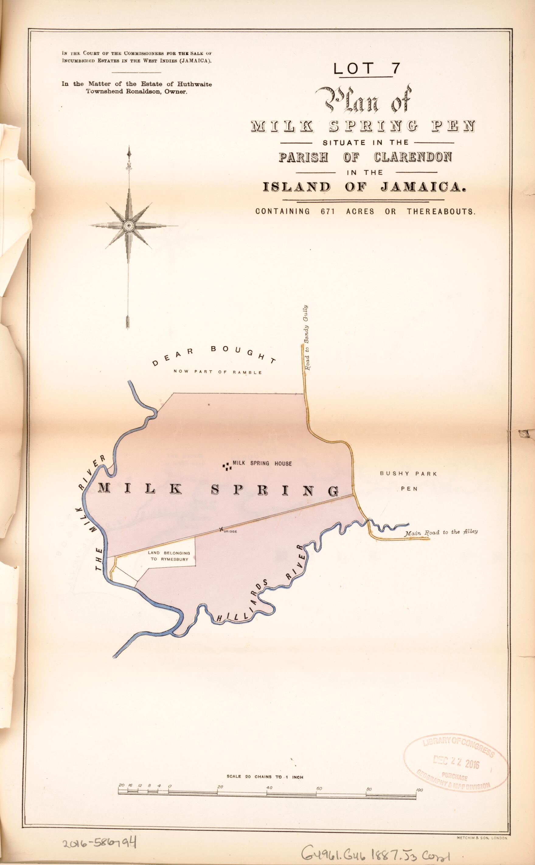 This old map of Lot 7 Plan of Milk Spring Pen from Encumbered Estates In the West Indies (Jamaica) from 1887 was created by in 1887