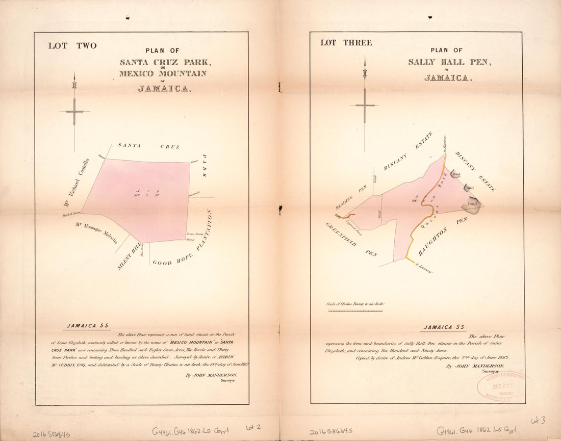 This old map of Lot Two Plan of Santa Cruz Park; Lot Three Plan of Sally Hall Pen from Encumbered Estates In the West Indies (Jamaica) from 1862 was created by Son & Cheffins (Firm) Leifchild in 1862