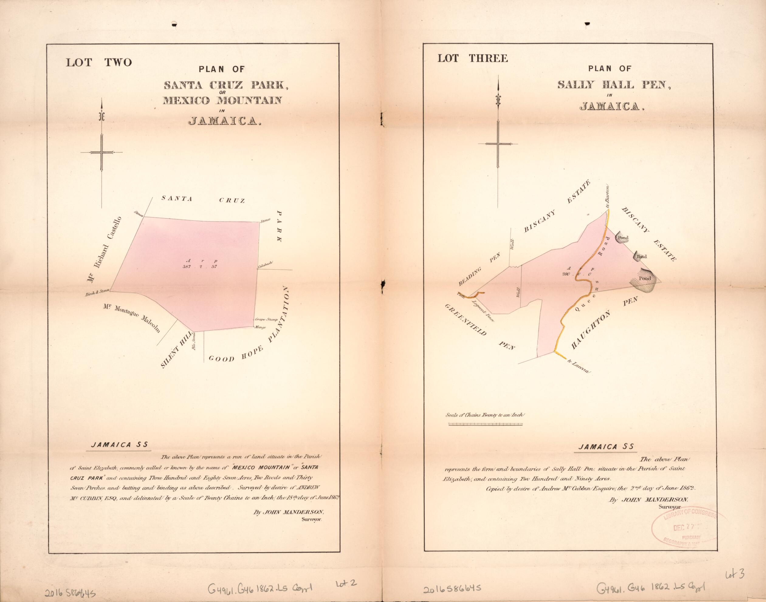 This old map of Lot Two Plan of Santa Cruz Park; Lot Three Plan of Sally Hall Pen from Encumbered Estates In the West Indies (Jamaica) from 1862 was created by Son & Cheffins (Firm) Leifchild in 1862