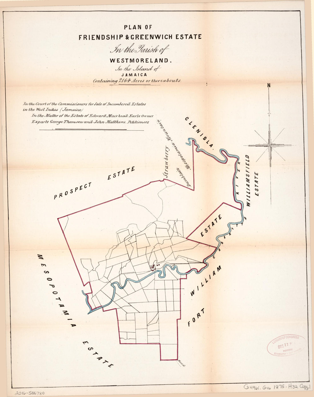 This old map of Plan of Friendship and Greenwich Estate from Encumbered Estates In the West Indies (Jamaica) from 1875 was created by Vaughan & Jenkinson (Firm) Hards in 1875