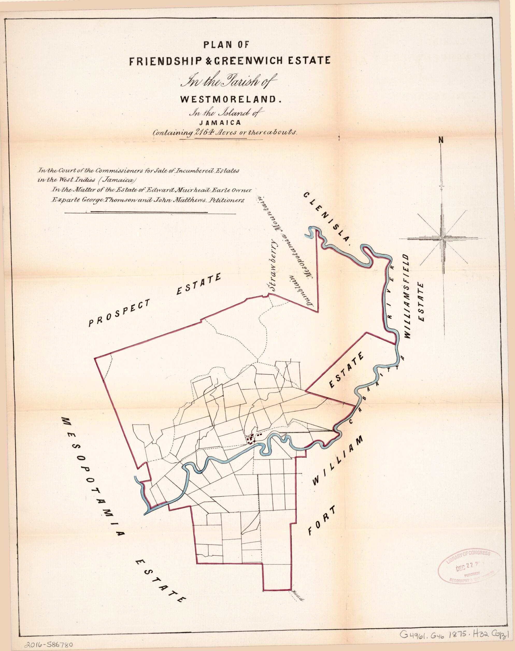 This old map of Plan of Friendship and Greenwich Estate from Encumbered Estates In the West Indies (Jamaica) from 1875 was created by Vaughan & Jenkinson (Firm) Hards in 1875