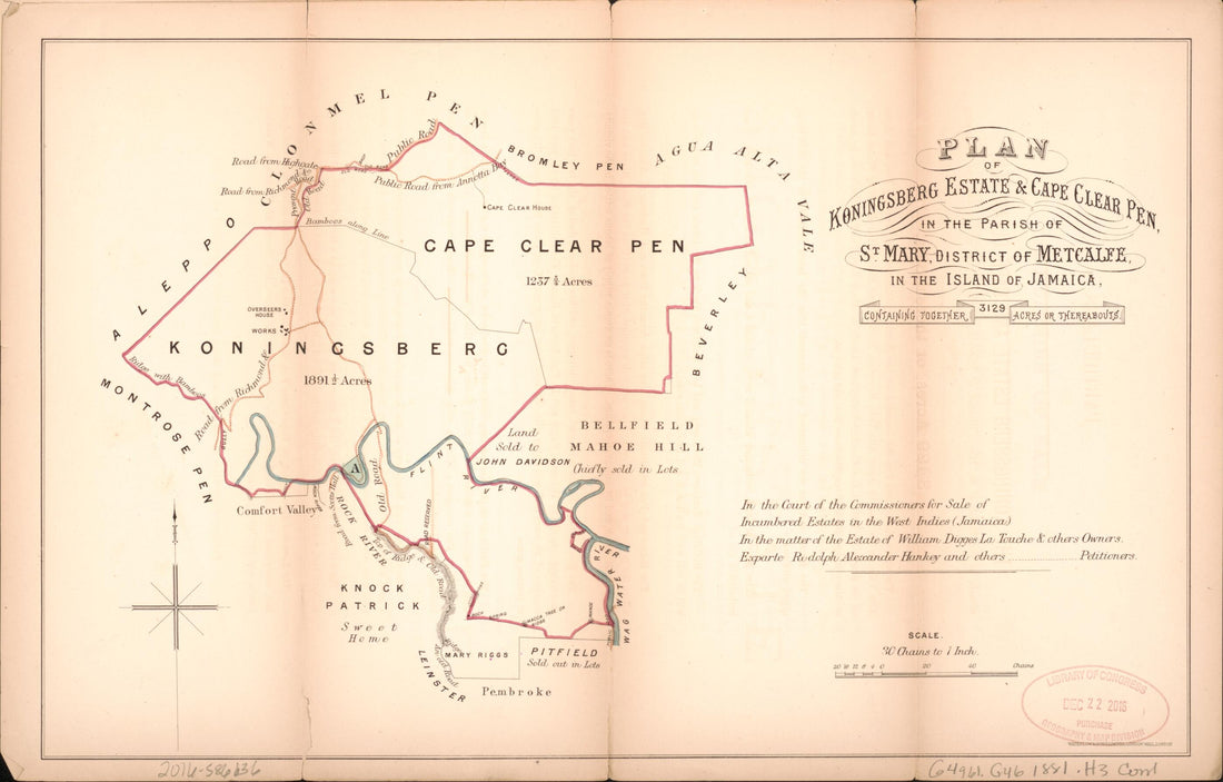 This old map of Plan of Koningsberg Estate & Cape Clear Pen from Encumbered Estates In the West Indies (Jamaica) from 1881 was created by Vaughan & Jenkinson (Firm) Hards in 1881