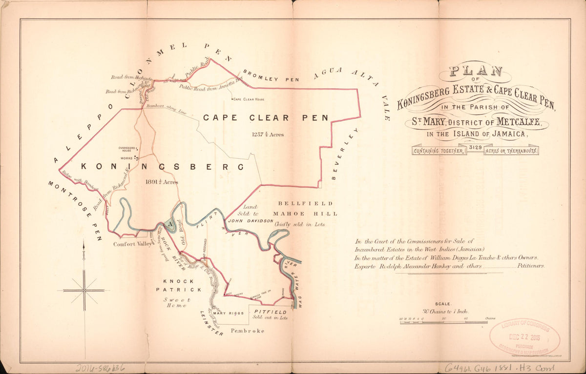 Plan of Koningsberg Estate & Cape Clear Pen from Encumbered Estates In the West Indies (Jamaica) 1881 by Relic Map Company