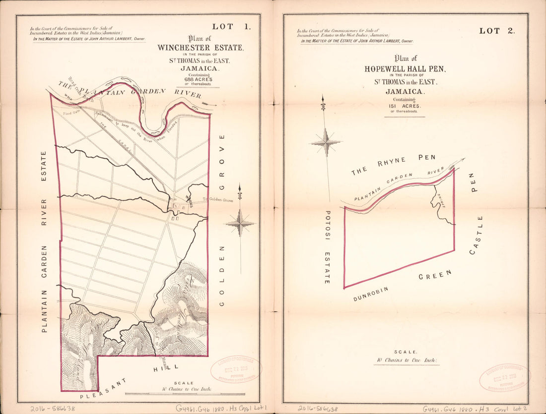 This old map of Lot 1. Plan of Winchester Estate; Lot 2. Plan of Hopewell Hall Pen from Encumbered Estates In the West Indies (Jamaica) from 1880 was created by Vaughan & Jenkinson (Firm) Hards in 1880