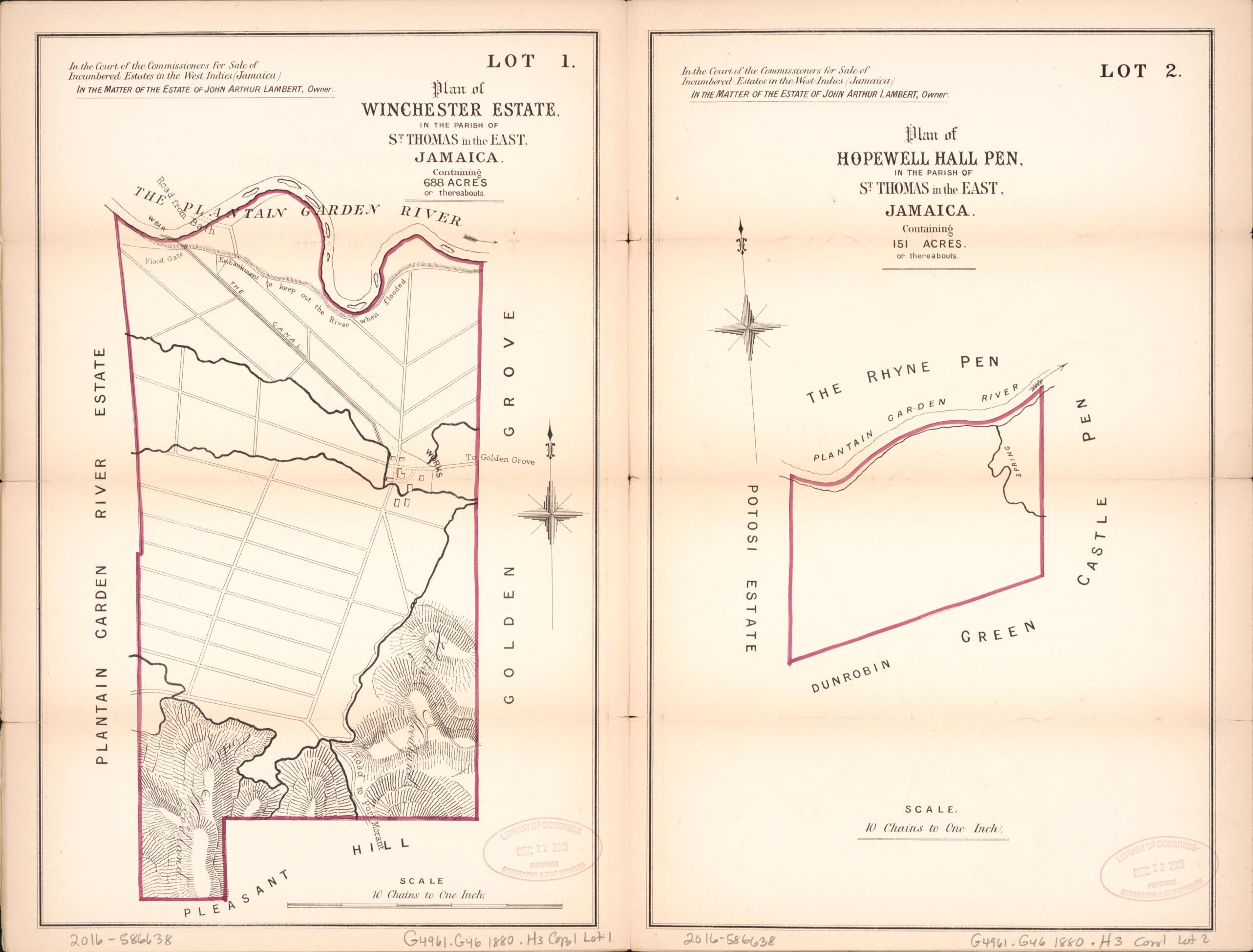 This old map of Lot 1. Plan of Winchester Estate; Lot 2. Plan of Hopewell Hall Pen from Encumbered Estates In the West Indies (Jamaica) from 1880 was created by Vaughan & Jenkinson (Firm) Hards in 1880
