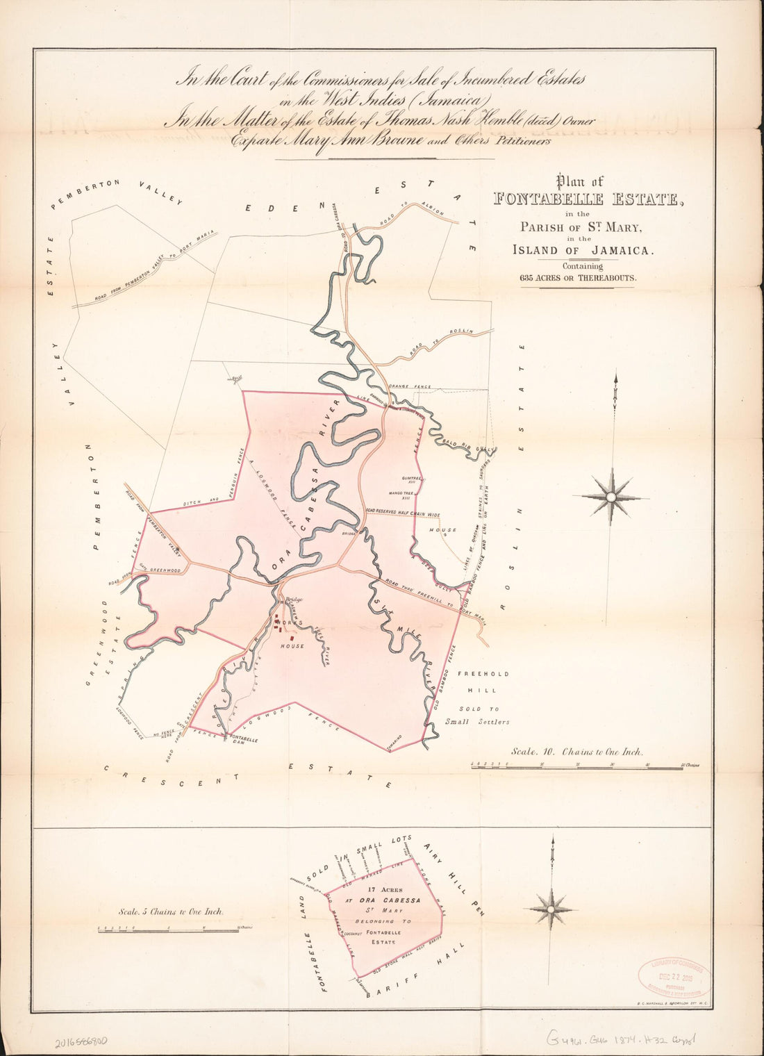 This old map of Plan of Fontabelle Estate from Encumbered Estates In the West Indies (Jamaica) from 1874 was created by Vaughan & Jenkinson (Firm) Hards in 1874
