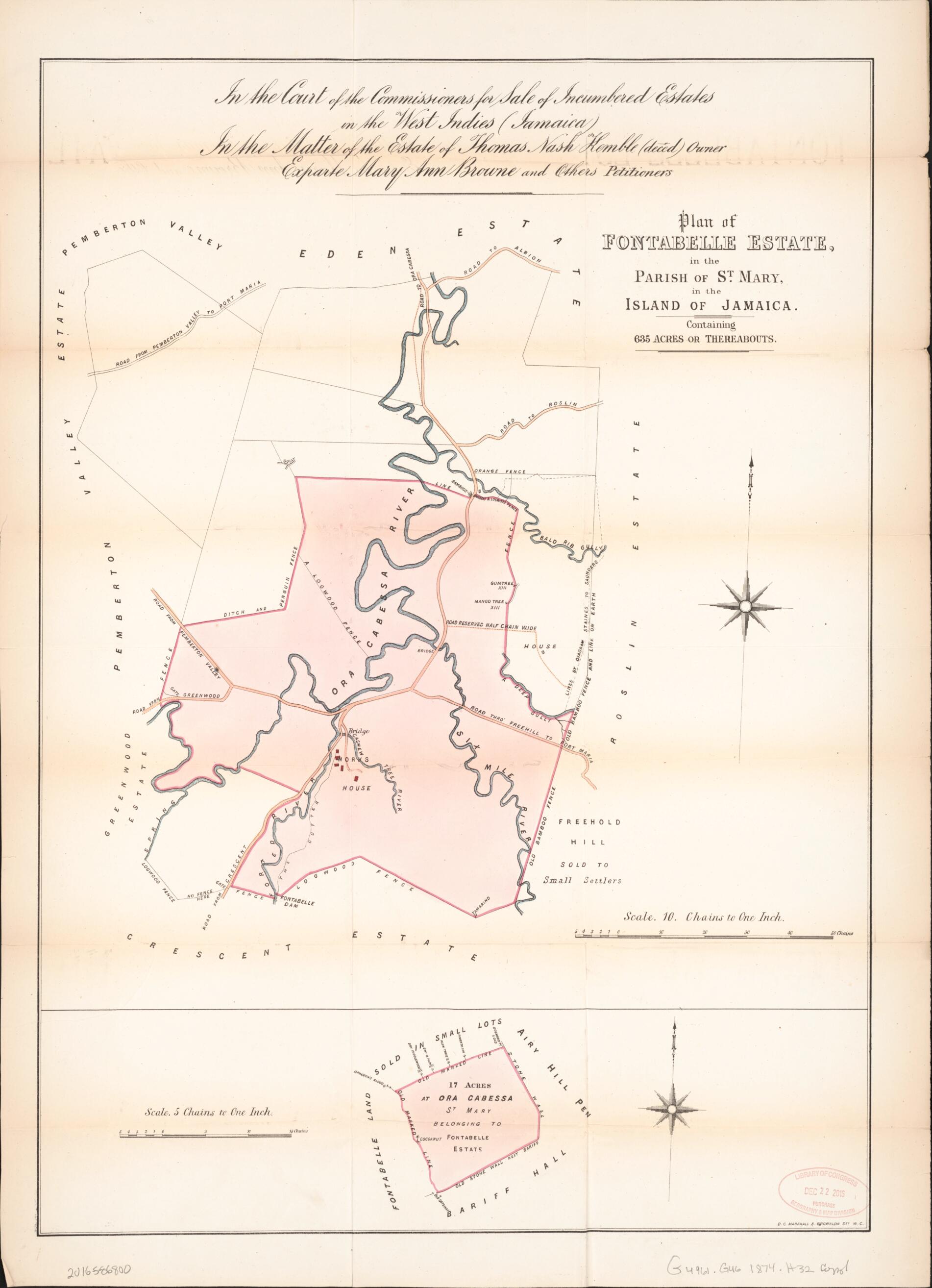 This old map of Plan of Fontabelle Estate from Encumbered Estates In the West Indies (Jamaica) from 1874 was created by Vaughan & Jenkinson (Firm) Hards in 1874
