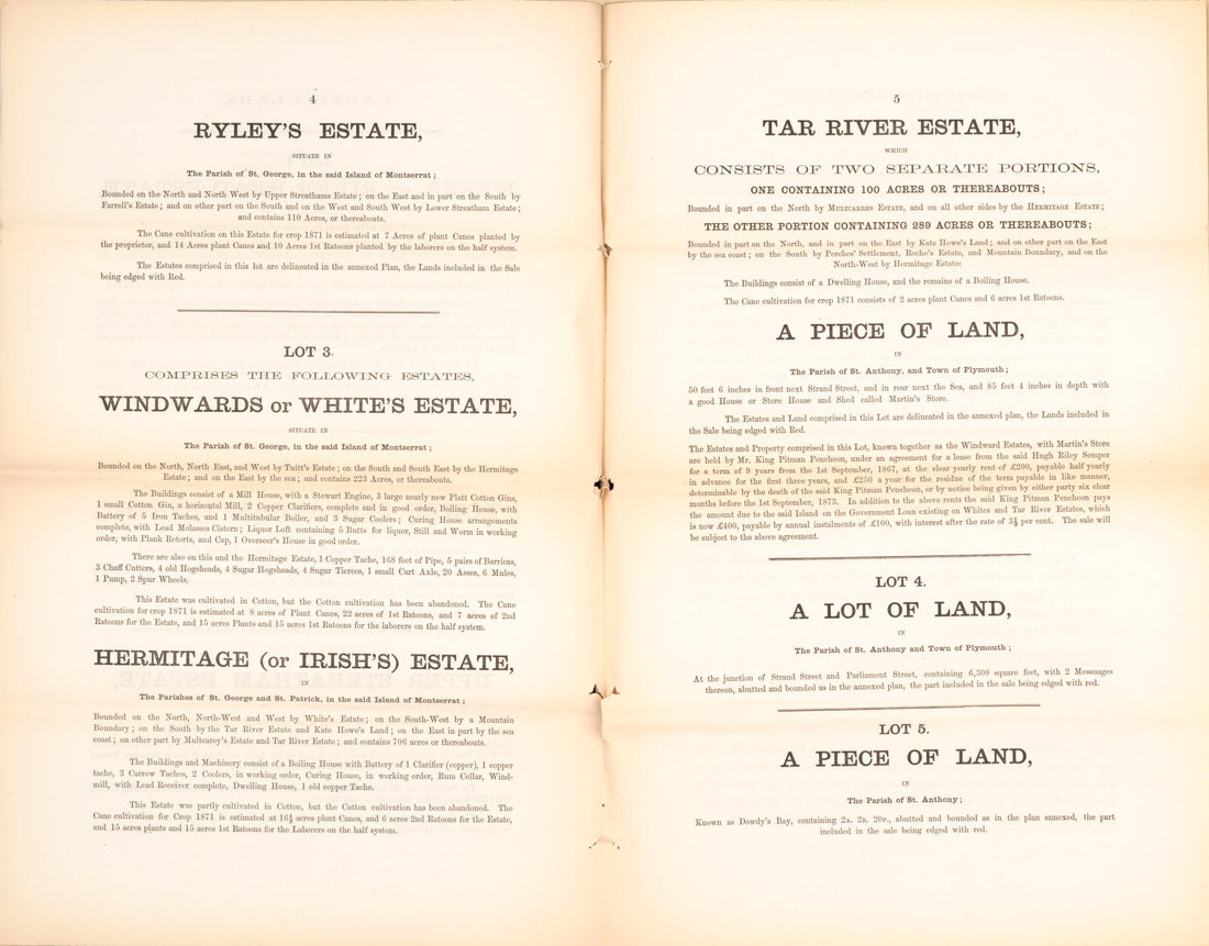 This old map of Page 4; Page 5 from Encumbered Estates In the West Indies (Montserrat) from 1870 was created by Vaughan & Leifchild (Firm) Hards in 1870