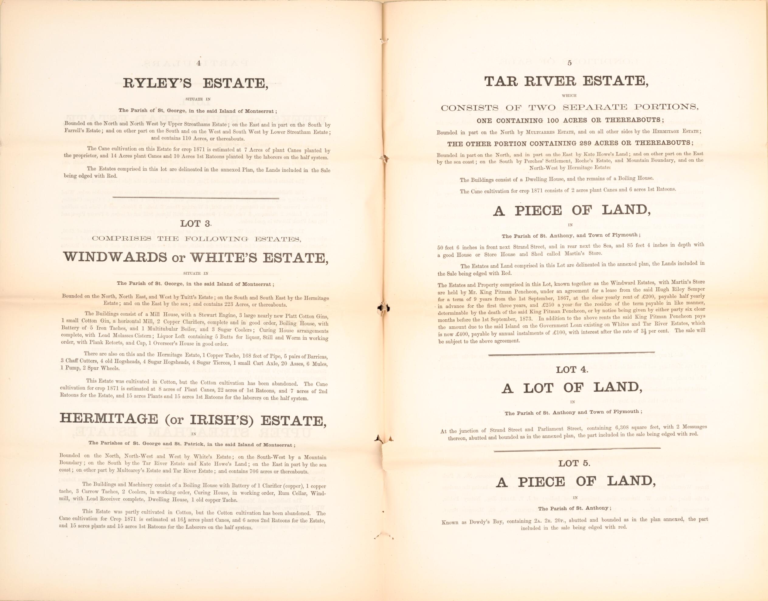 This old map of Page 4; Page 5 from Encumbered Estates In the West Indies (Montserrat) from 1870 was created by Vaughan & Leifchild (Firm) Hards in 1870