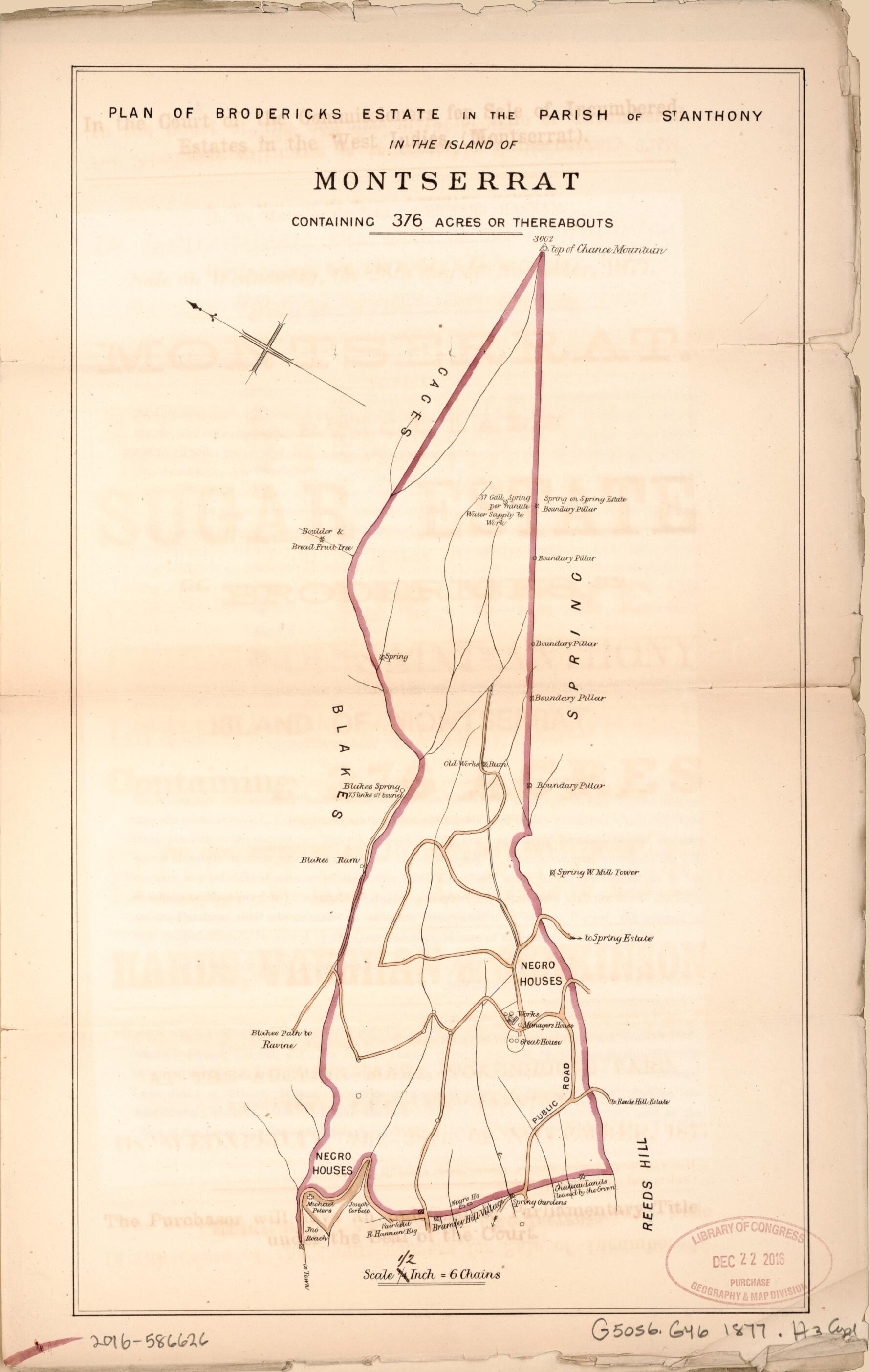 This old map of Plan of Brodericks Estate from Encumbered Estates In the West Indies (Montserrat) from 1877 was created by Vaughan & Jenkinson (Firm) Hards in 1877