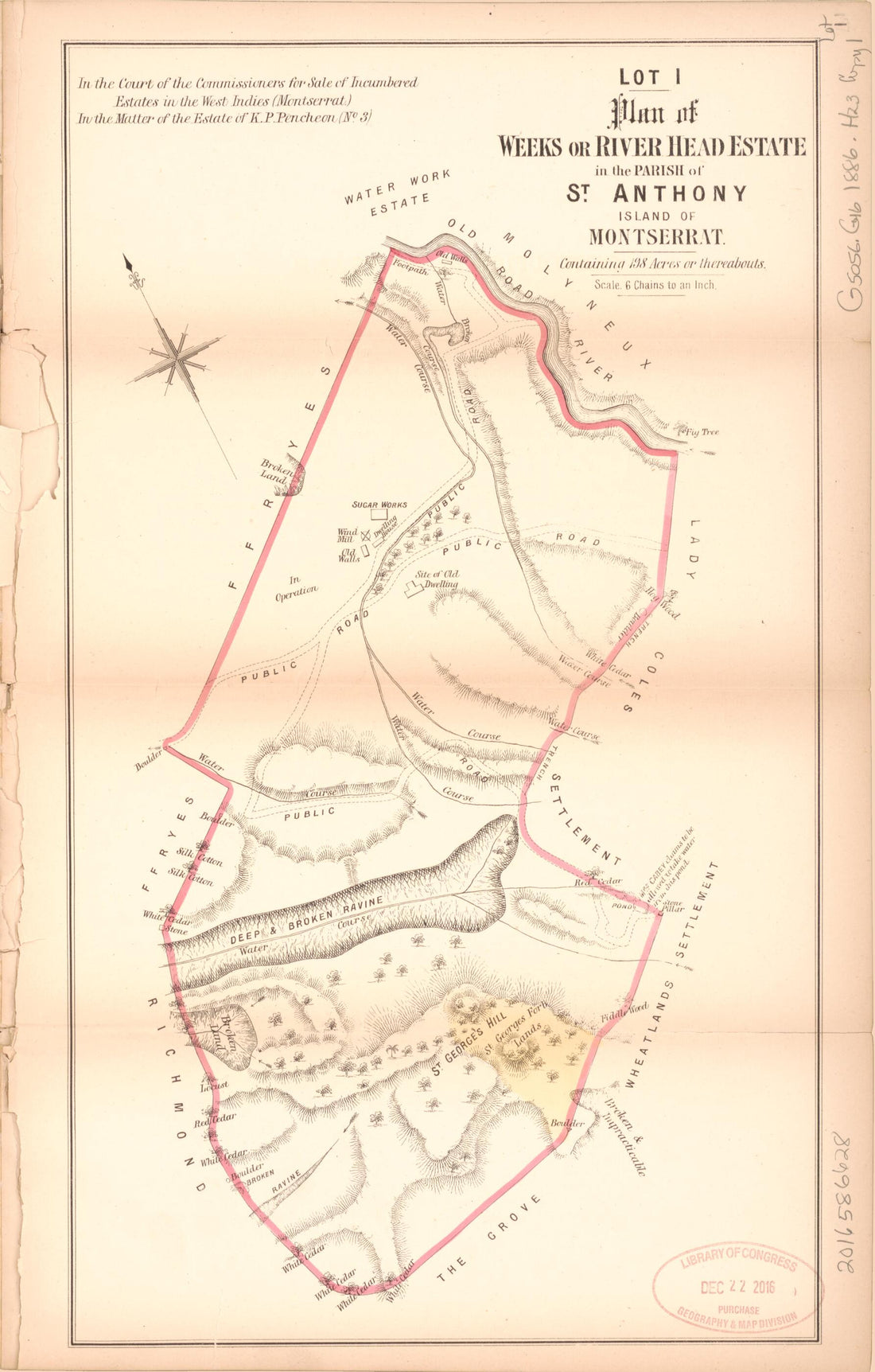 This old map of Lot 1. Plan of Weeks Or River Head Estate from Encumbered Estates In the West Indies (Montserrat) from 1886 was created by Hards & Jenkinson (Firm) in 1886