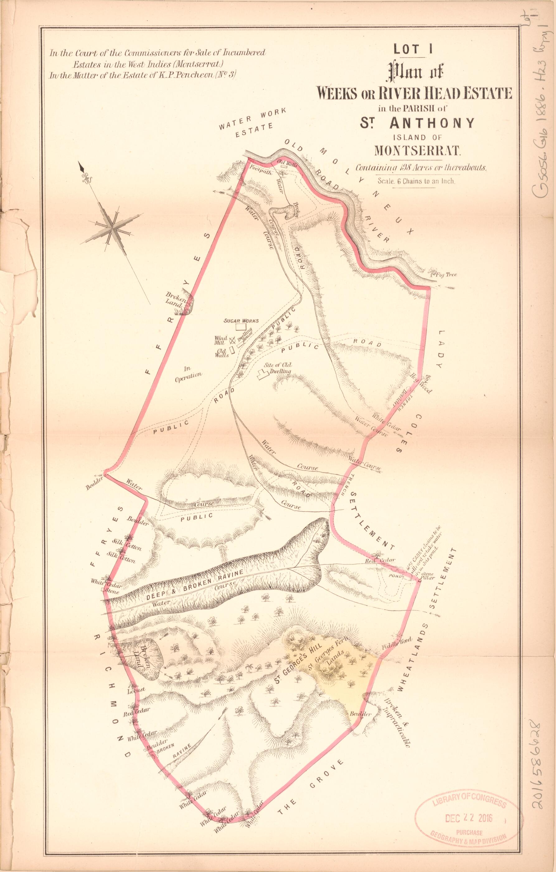 This old map of Lot 1. Plan of Weeks Or River Head Estate from Encumbered Estates In the West Indies (Montserrat) from 1886 was created by Hards & Jenkinson (Firm) in 1886