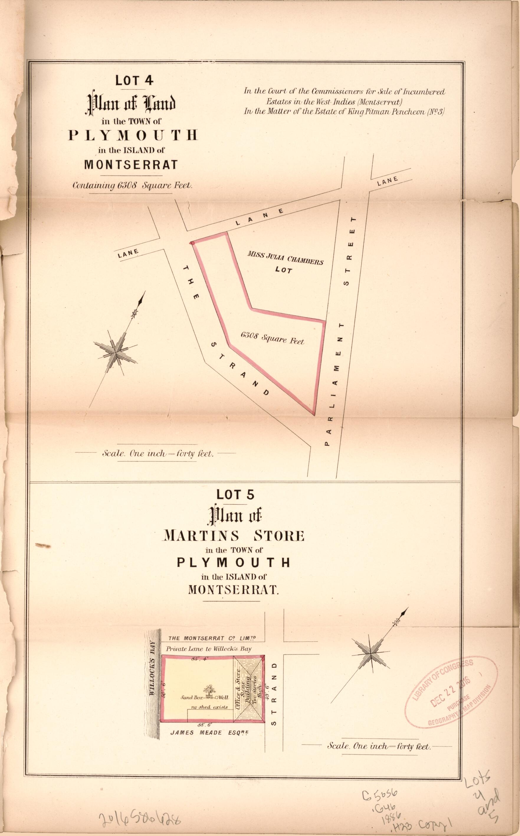 This old map of Lot 4.; Lot 5. from Encumbered Estates In the West Indies (Montserrat) from 1886 was created by Hards & Jenkinson (Firm) in 1886