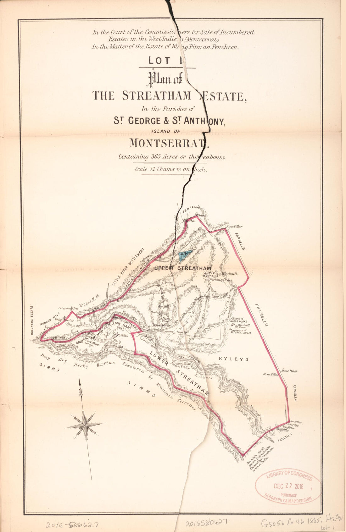This old map of Lot 1. Plan of the Streatham Estate from Encumbered Estates In the West Indies (Montserrat) from 1885 was created by Hards & Jenkinson (Firm) in 1885