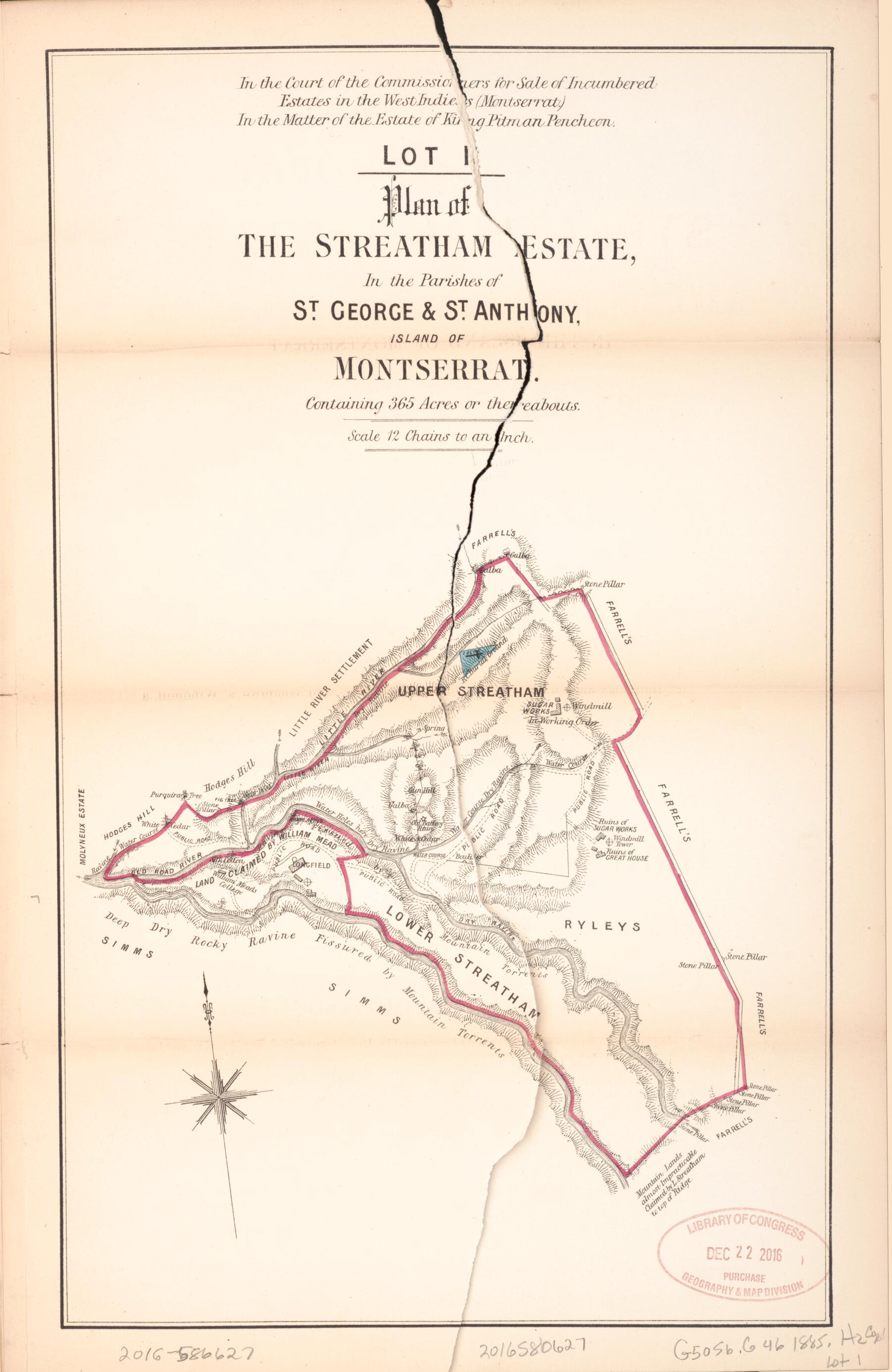 This old map of Lot 1. Plan of the Streatham Estate from Encumbered Estates In the West Indies (Montserrat) from 1885 was created by Hards & Jenkinson (Firm) in 1885