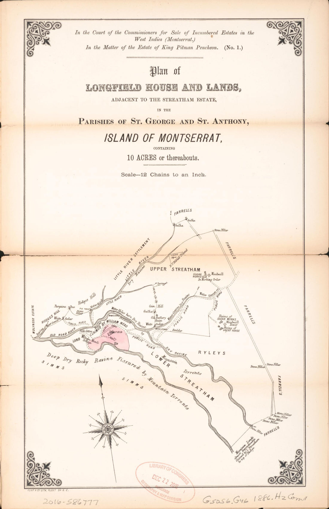 This old map of Plan of Longfield House and Lands from Encumbered Estates In the West Indies (Montserrat) from 1886 was created by Hards & Jenkinson (Firm) in 1886