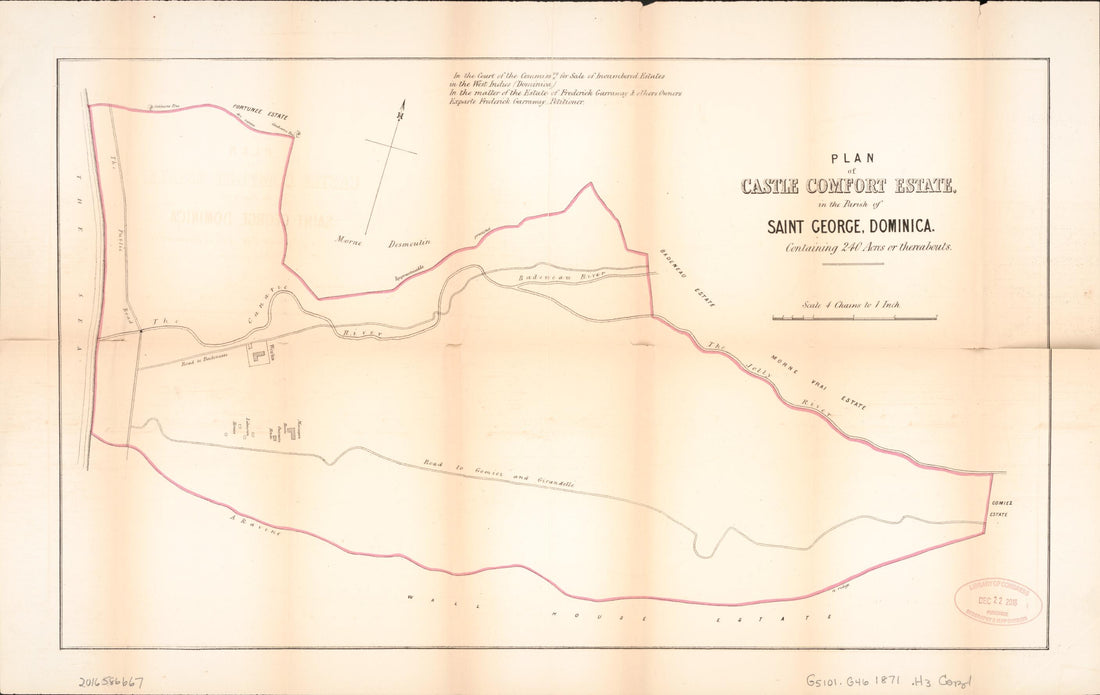 This old map of Plan of Castle Comfort Estate from Encumbered Estates In the West Indies (Dominica) from 1871 was created by Vaughan & Leifchild (Firm) Hards in 1871