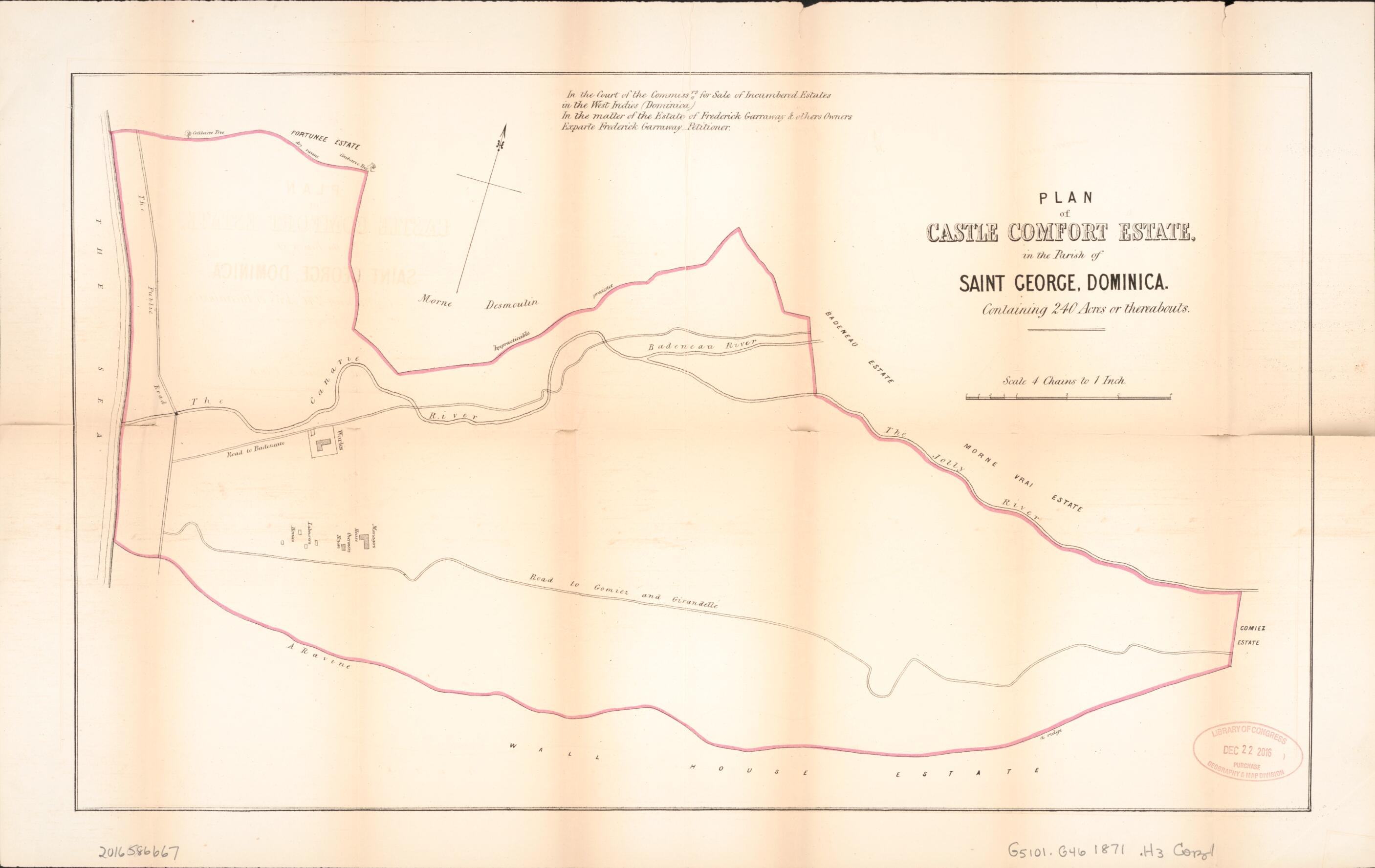This old map of Plan of Castle Comfort Estate from Encumbered Estates In the West Indies (Dominica) from 1871 was created by Vaughan & Leifchild (Firm) Hards in 1871