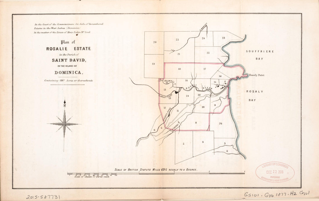 This old map of Plan of Rosalie Estate from Encumbered Estates In the West Indies (Dominica) from 1877 was created by Vaughand & Jenkinson (Firm) Hards in 1877