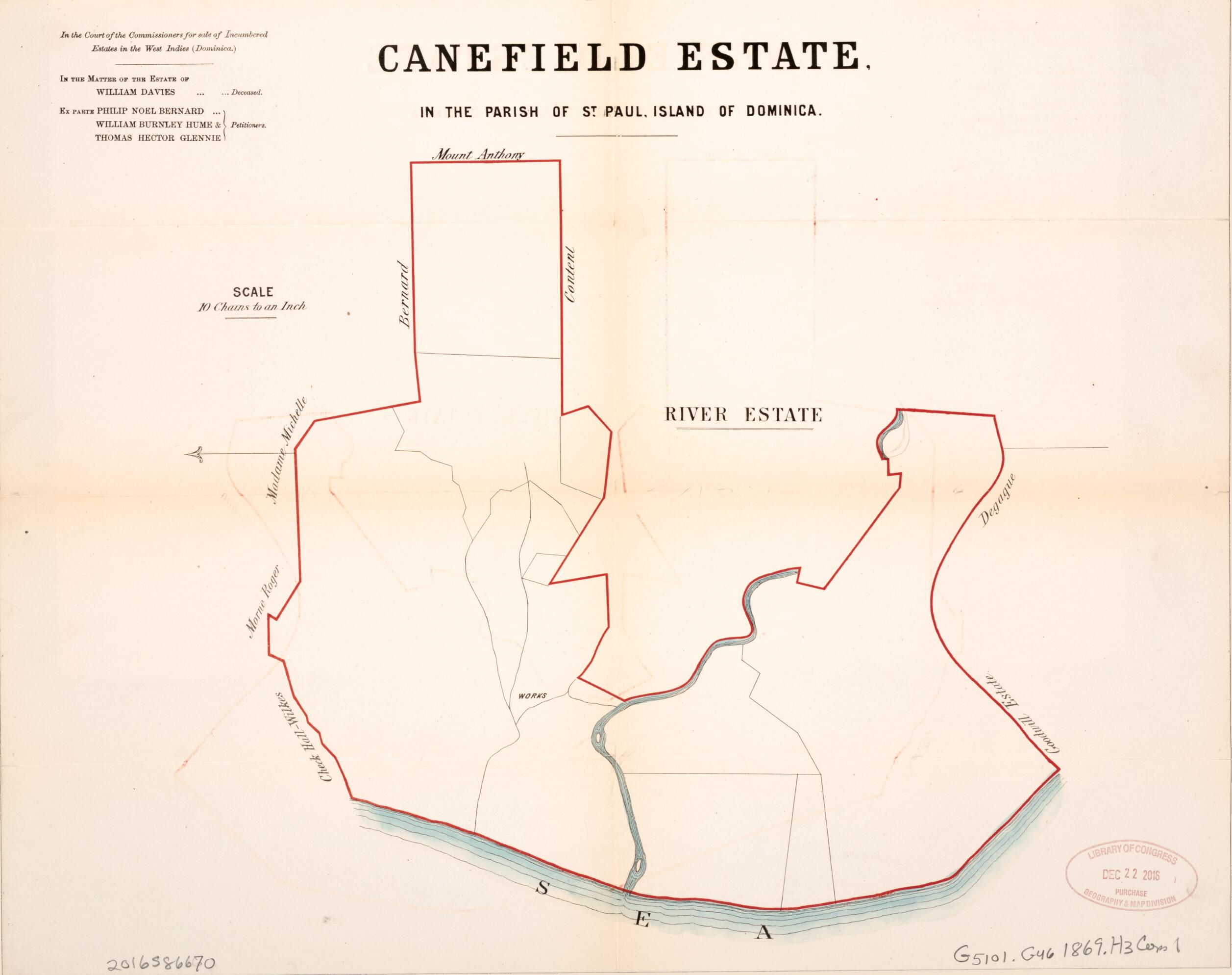 This old map of Canefield Estate from Encumbered Estates In the West Indies (Dominica) from 1869 was created by Vaughan & Leifchild (Firm) Hards in 1869