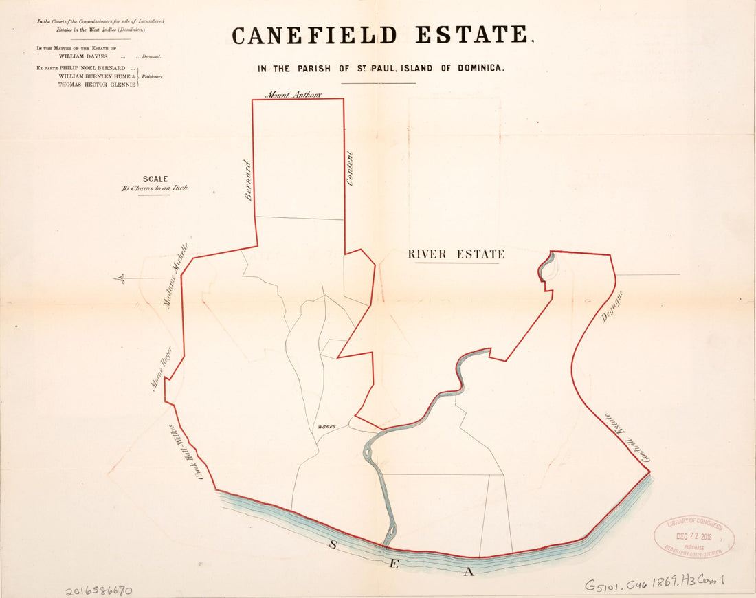 This old map of Canefield Estate from Encumbered Estates In the West Indies (Dominica) from 1869 was created by Vaughan & Leifchild (Firm) Hards in 1869